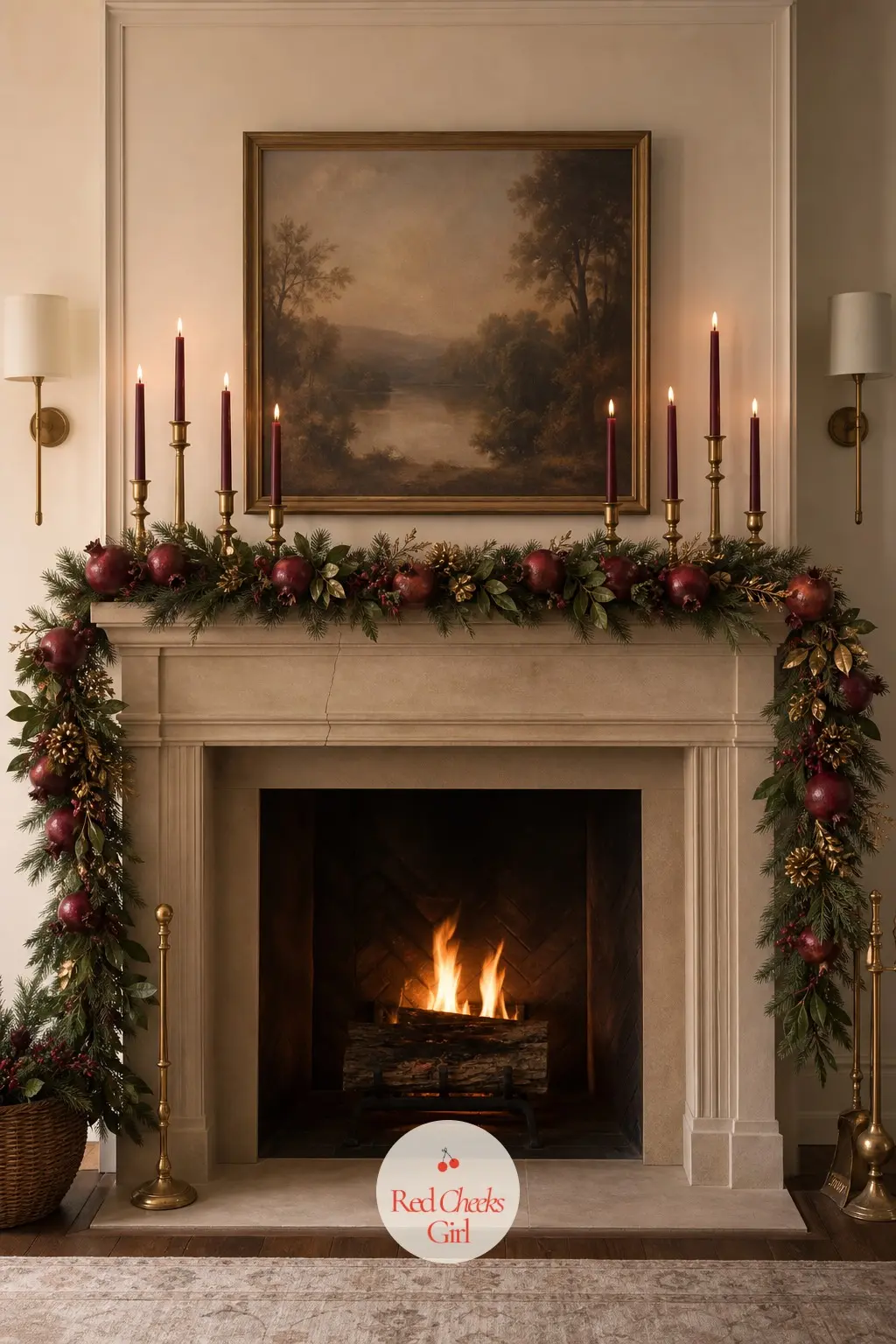 The Mantel, Lined With a Pomegranate Garland — A garland of bottle green mixed with faux pomegranates and gold-dipped pinecones runs the length of the mantel