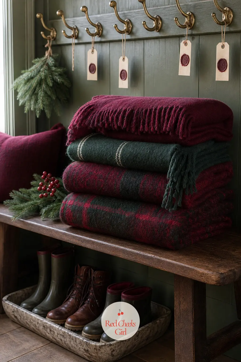 The Mudroom Bench, Piled With Wool Throws — Folded wool throws in burgundy and bottle green stack at one end of the bench, close enough to grab on the way out