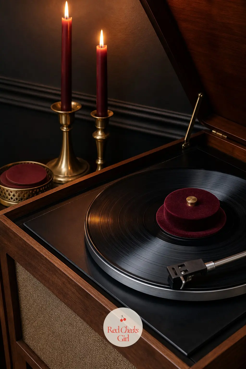 The Record Console, Playing Carols by Candlelight — A velvet record weight in deep burgundy sits beside the turntable, next to a pair of gold candle holders