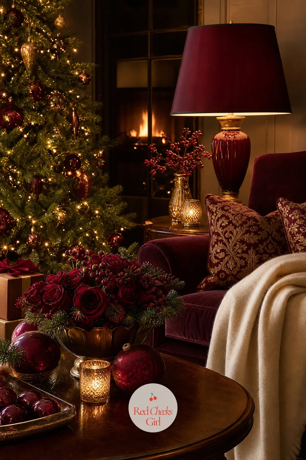 The Room by Lamplight — Every lamp in the room wears a burgundy silk shade, warm rather than bright, with the tree glowing quietly in the far corner in its own