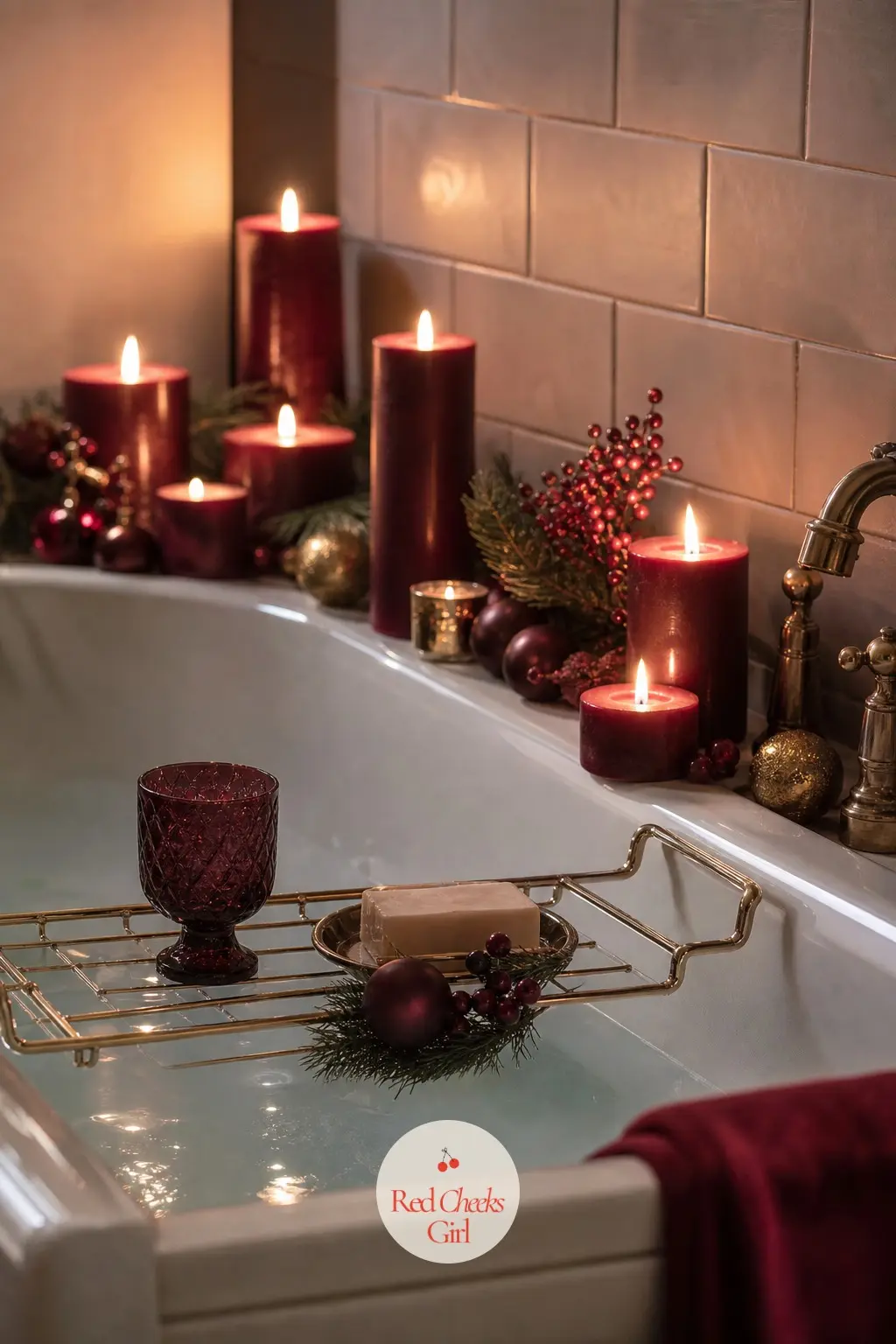 The Soaking Tub, Edged With Candles — Burgundy pillar candles of varying heights line the edge of the tub, giving off enough light to bathe by without a single