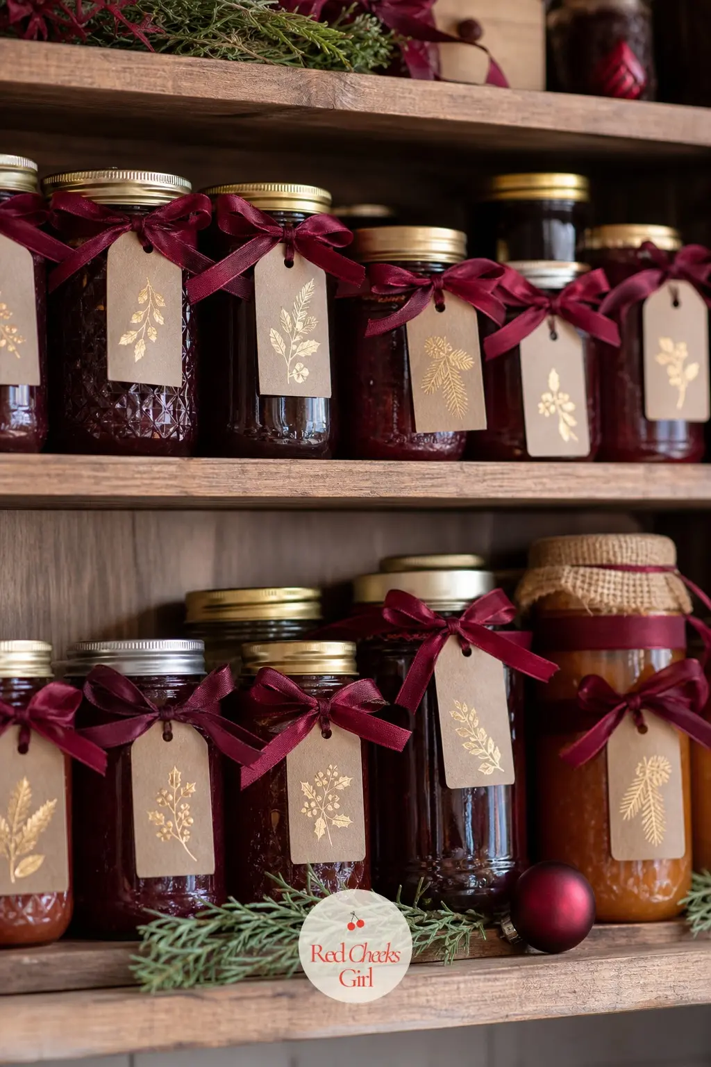 The Spice Shelf, Lined With Jarred Preserves — Jars of spiced pear and pomegranate preserve line the open shelf, each labelled by hand in gold ink on kraft