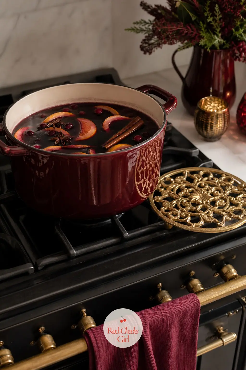 The Stove, Simmering With Mulled Wine — An enamel stockpot in deep burgundy sits on the back burner, mulling spices and orange peel going through it most