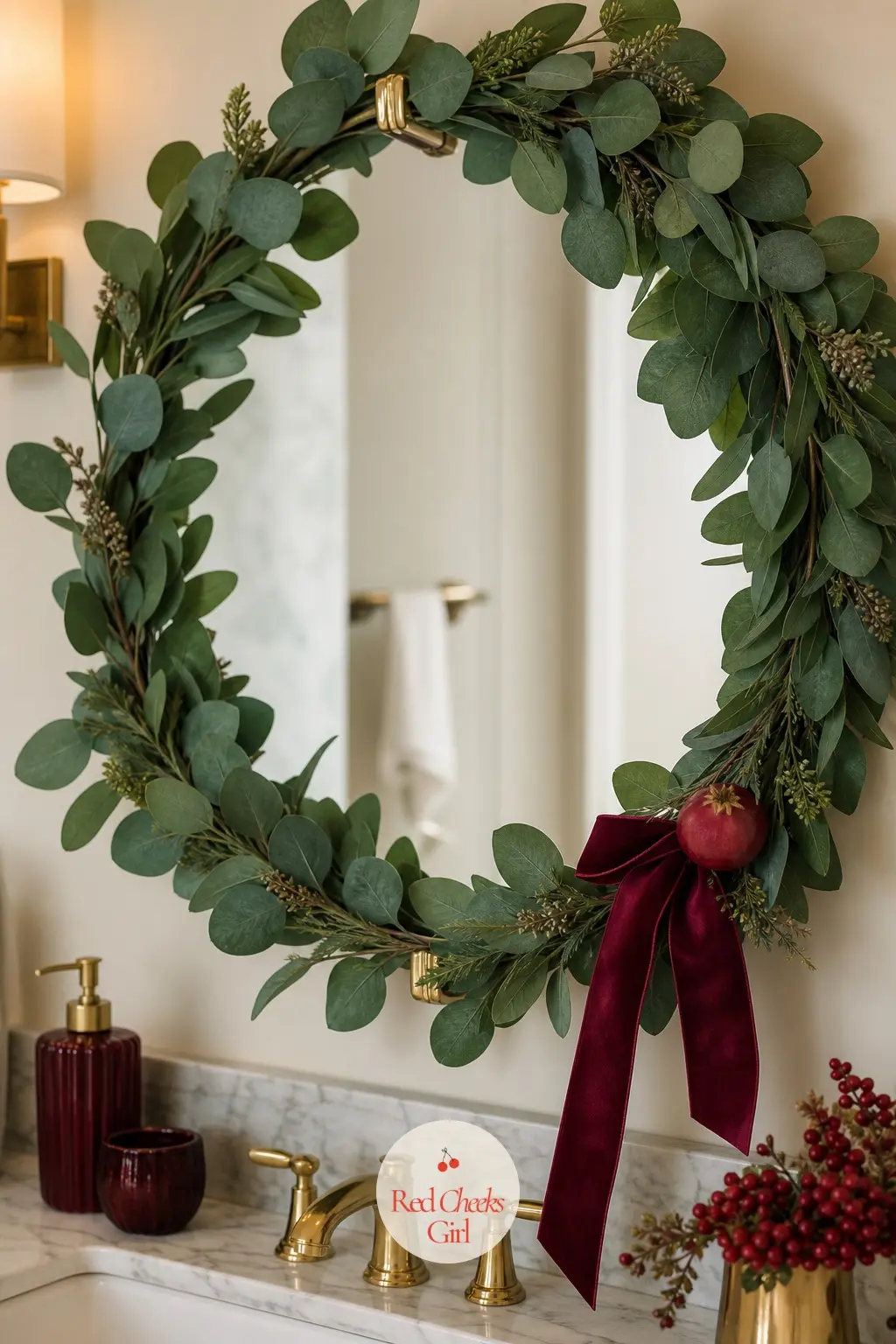 The Vanity Mirror, Framed in Greenery — A ring of faux eucalyptus frames the vanity mirror, tied off at the bottom corner with a loop of burgundy ribbon and