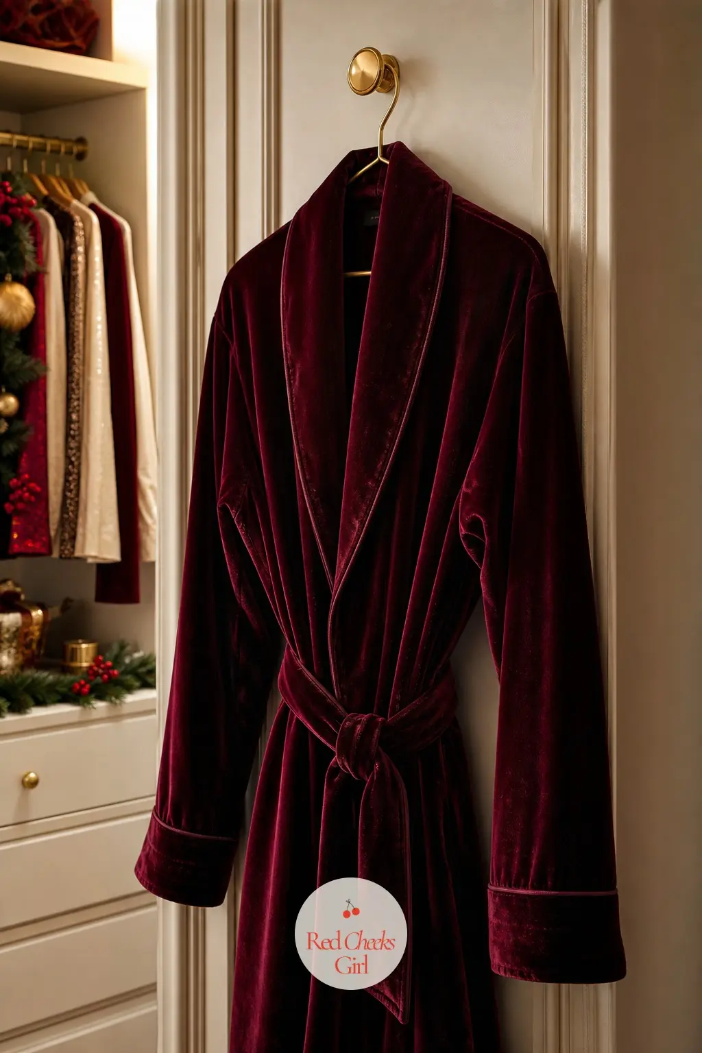 The Walk-In Closet, Hung With a Velvet Robe — One burgundy velvet robe hangs on a gold hook just inside the closet door, with a sachet of pomegranate tucked
