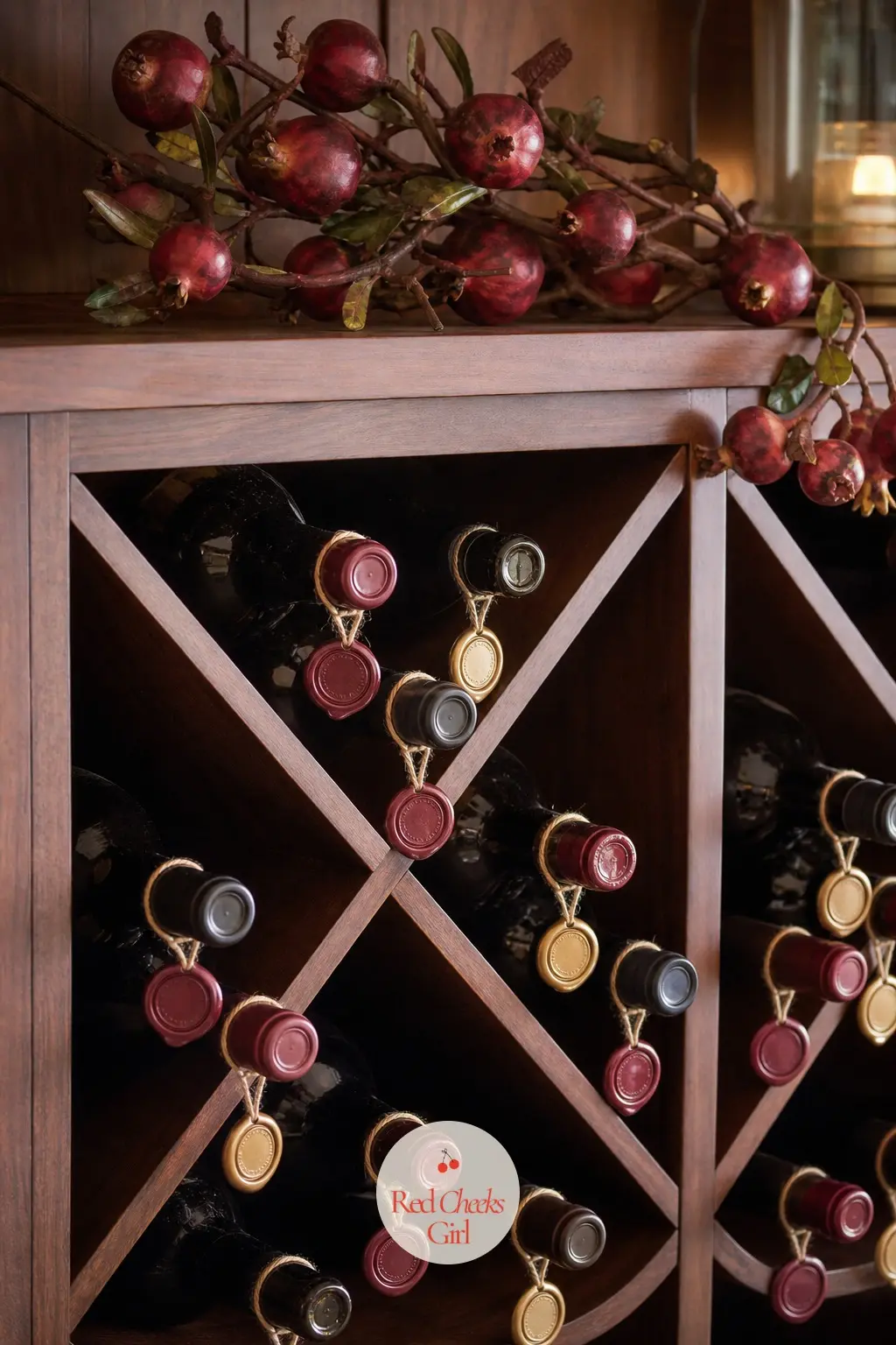 The Wine Rack, Dressed for the Season — Each bottle in the rack gets a small wax seal tag in burgundy and gold, tied on with twine, turning an everyday wine