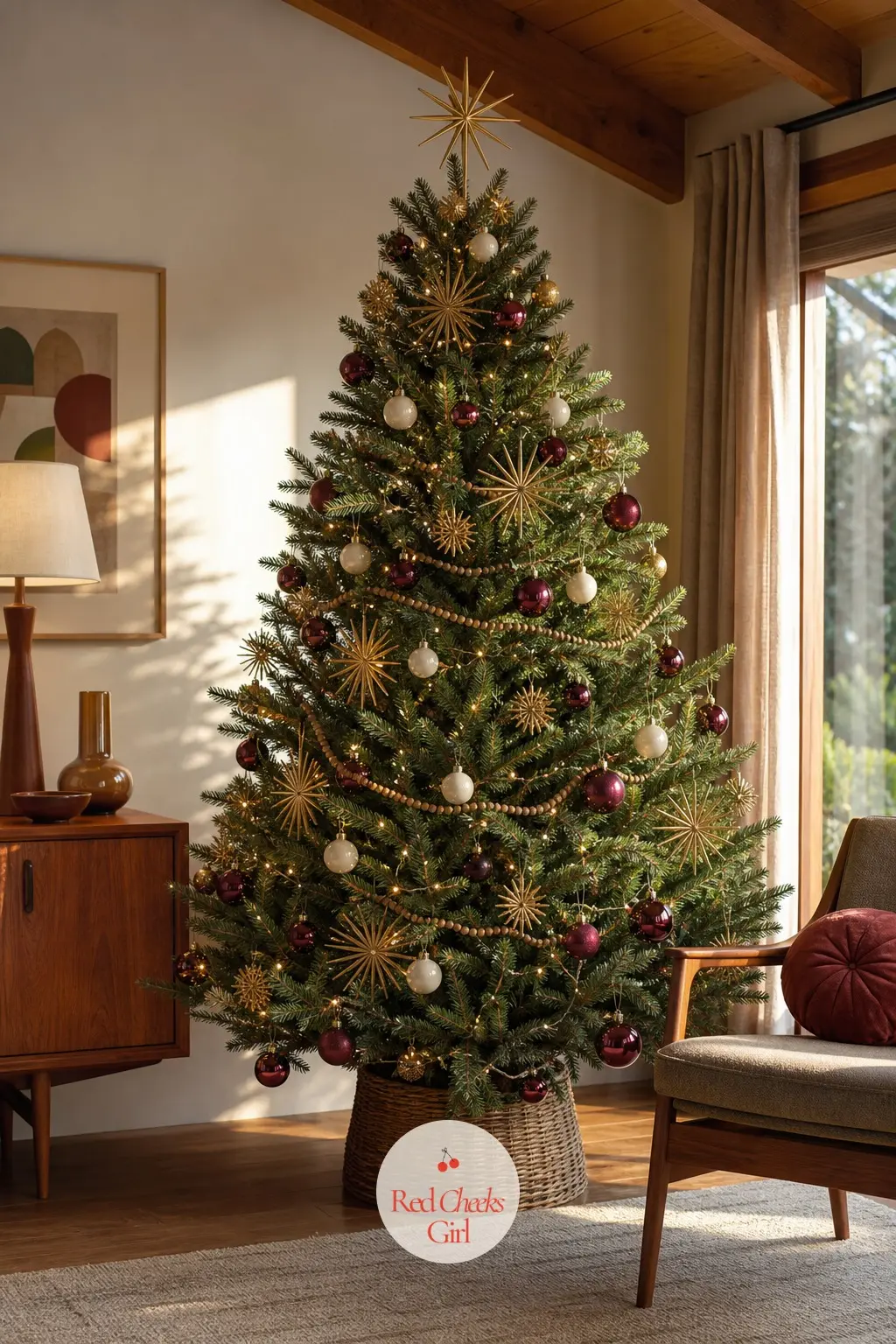 A Burgundy Tree with Mid-Century Sunbursts — Among teak furniture in a mid-century room, this real medium fir wears brass sunburst ornaments that echo the