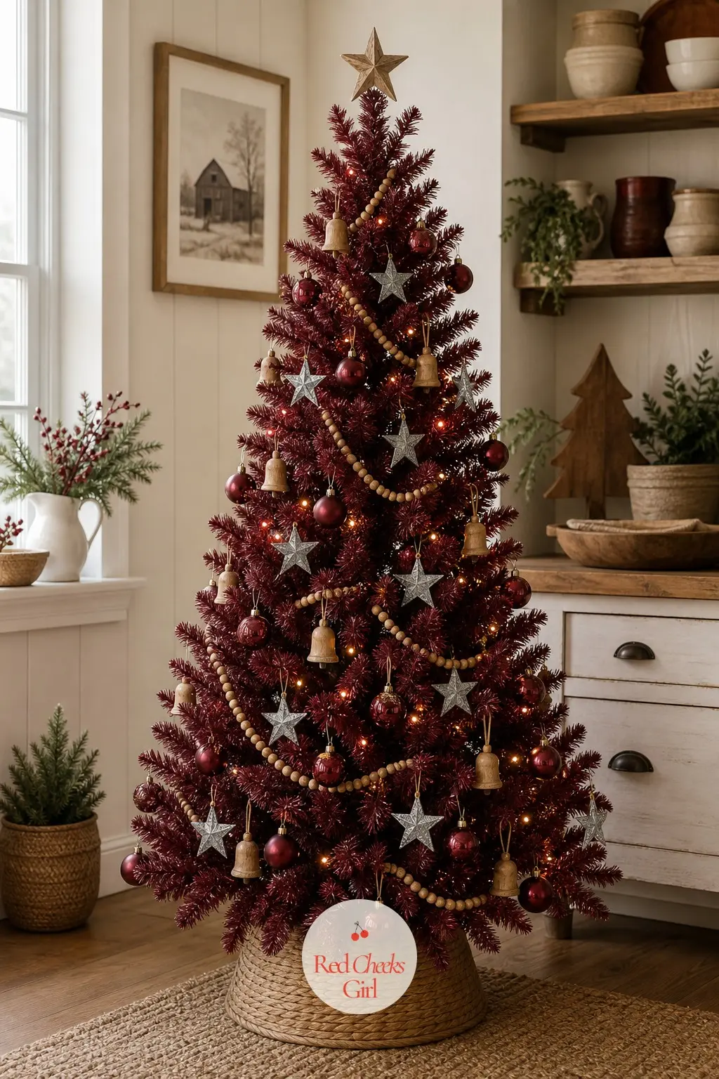 A Burgundy Tree on the Farmhouse Shelf — Set near open shelving in a farmhouse kitchen, this medium artificial tree in burgundy pairs galvanized tin stars with