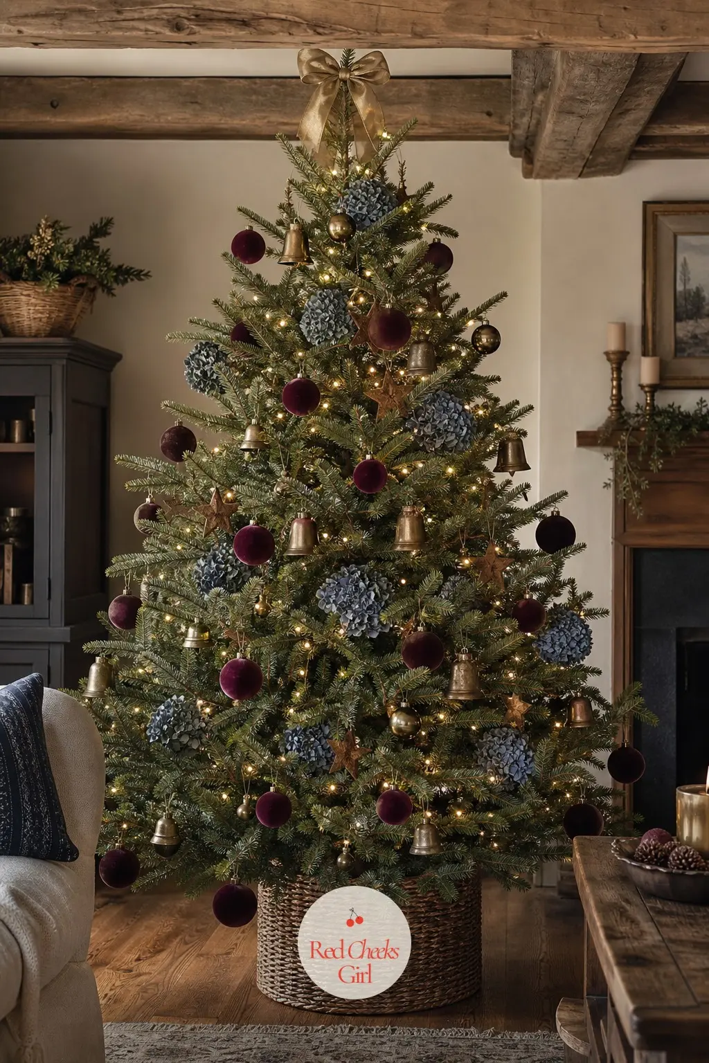 A Cottage Tree in Burgundy and Slate Blue — Low beams and a small sitting room call for a real fir kept a little under standard height, dressed in dried