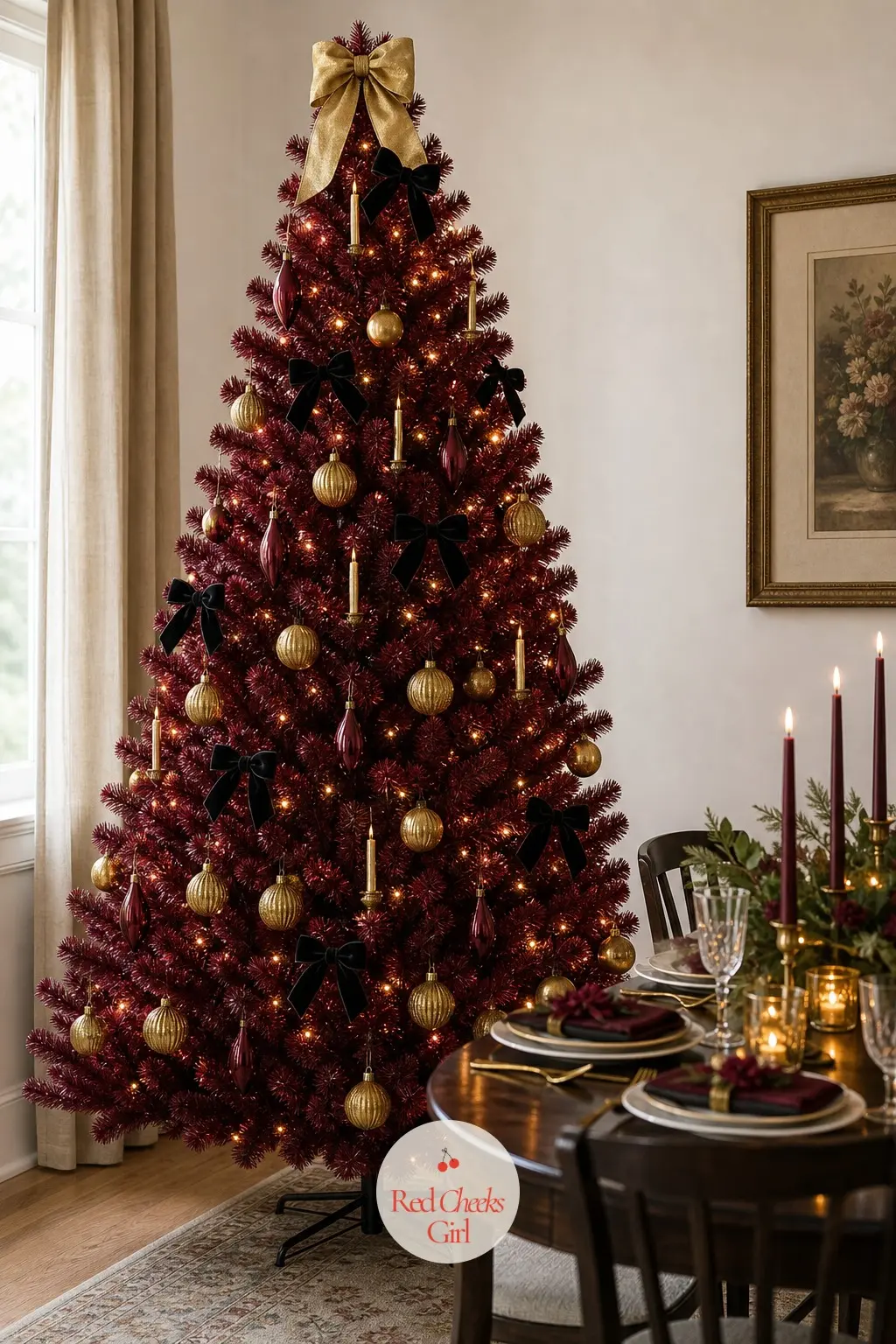 A Dining Room Tree Dressed Like the Table — Set beside a dining room table already laid for the season, this artificial burgundy tree borrows the same deep