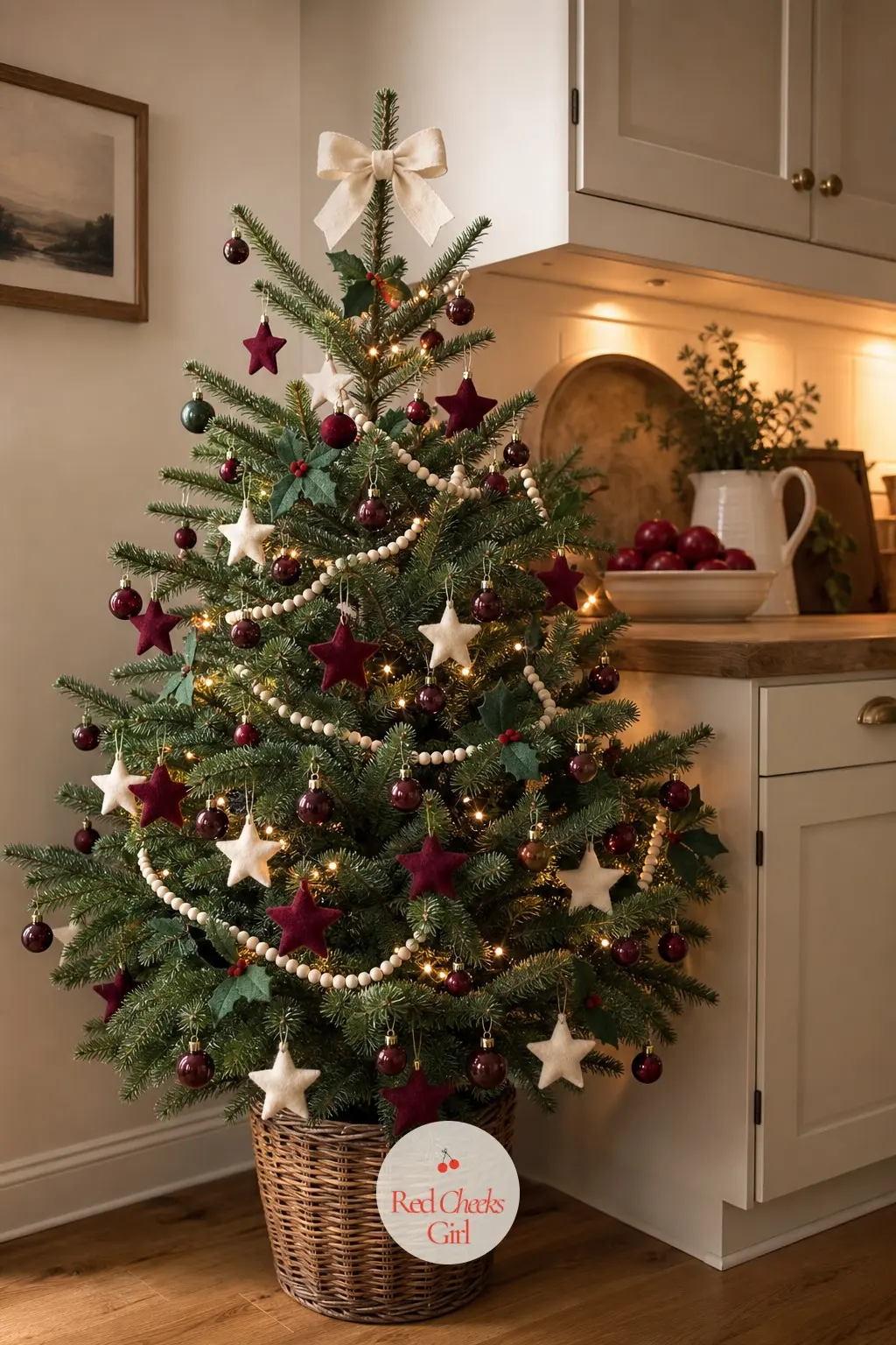 A Felt-Trimmed Wine Tree on the Kitchen Counter — Tucked into a corner of a busy kitchen counter, this real mini fir wears felt instead of glass, which means