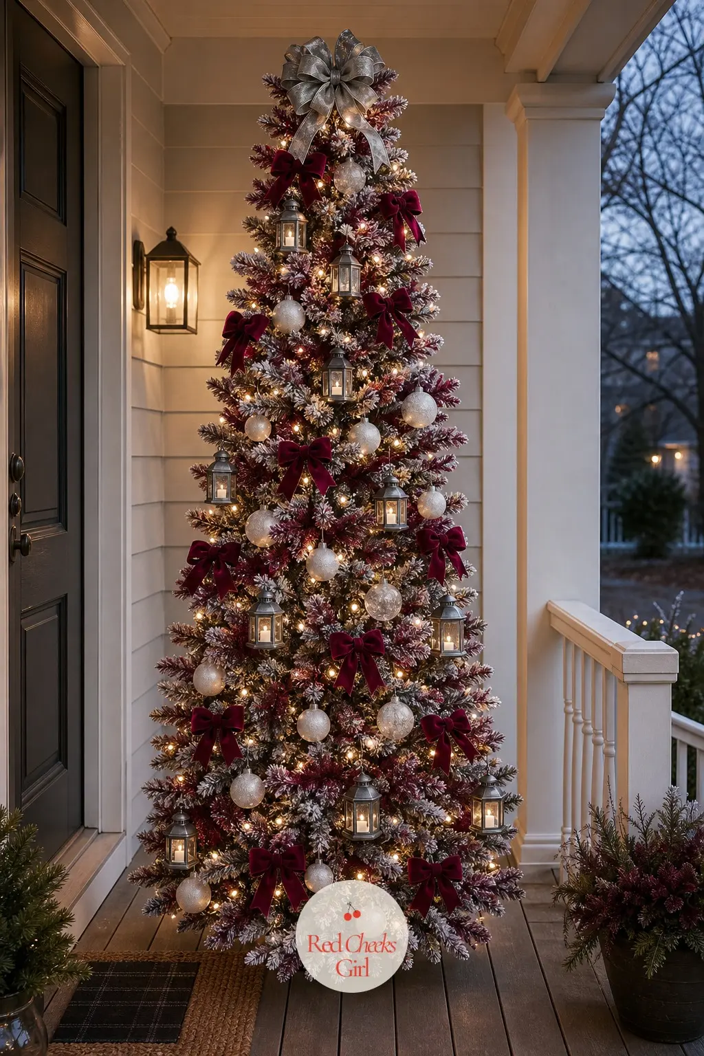 A Frosted Burgundy Tree on the Covered Porch — Outdoors needs a tree built for the weather, so this artificial burgundy tree comes pre-flocked with a frosted