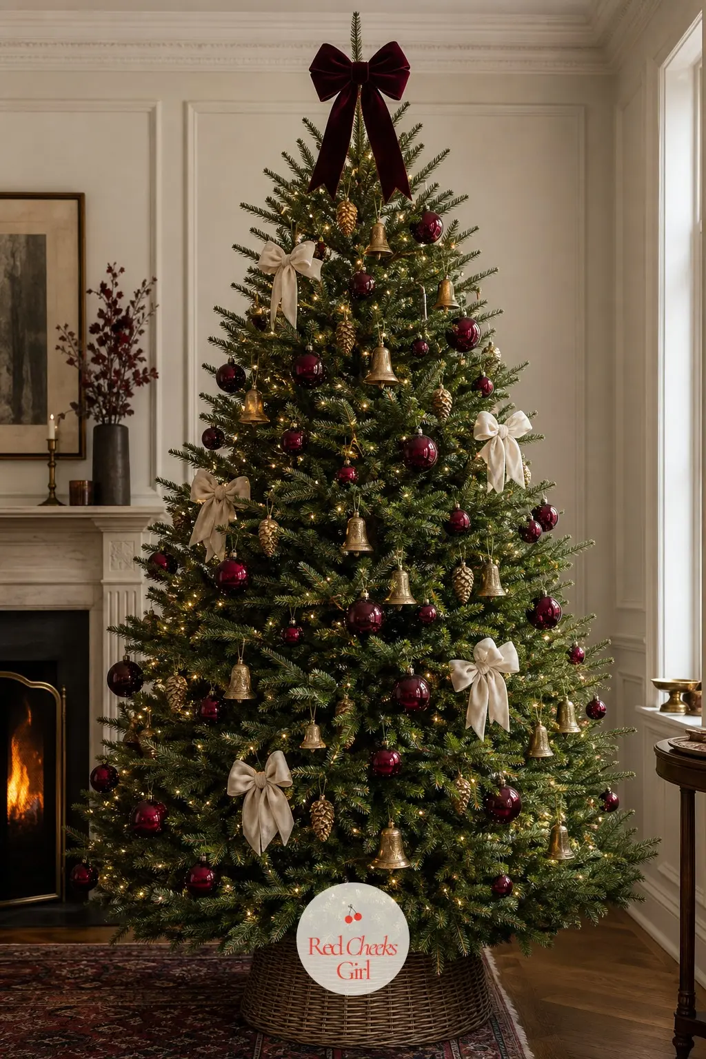 A Full Tree by the Fire in Wine and Brass — Panelled walls and a working fireplace ask for a full, traditional shape, so this real fir goes tall and dense