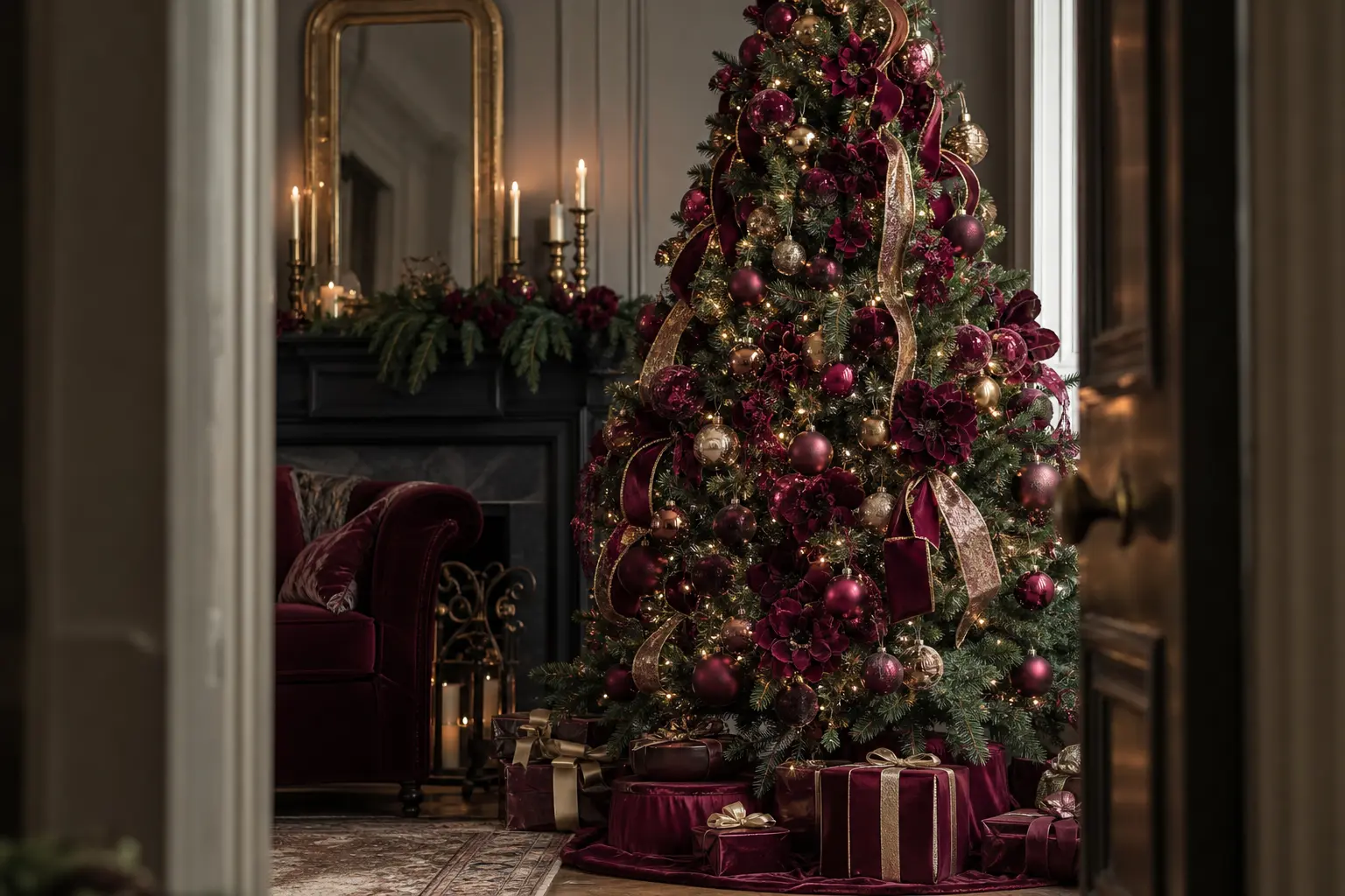 24 Burgundy Christmas Tree Ideas With Wine-Dark Velvet and Aged Brass