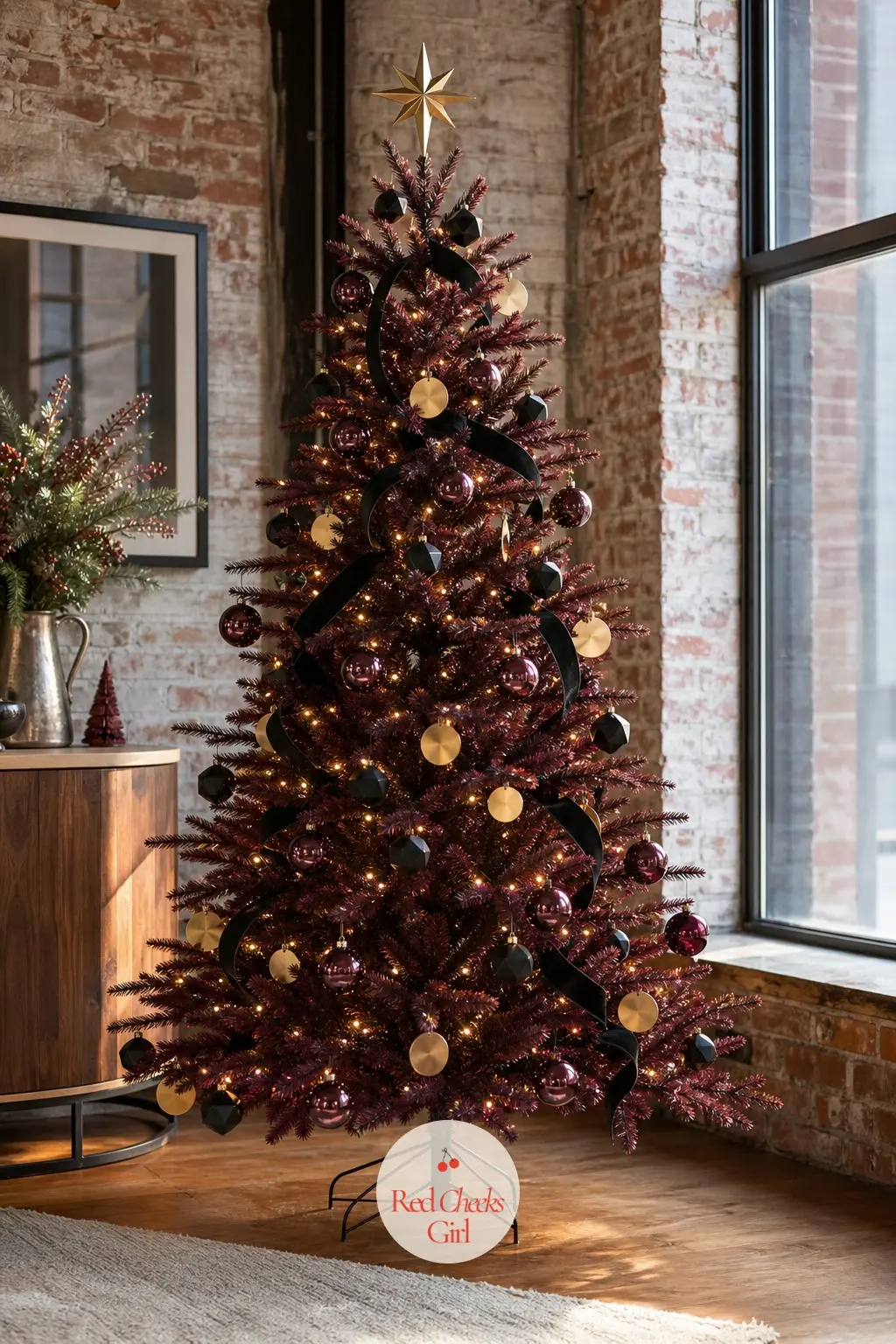 An Industrial Burgundy Tree Under Tall Windows — Exposed brick and tall industrial windows call for something sculptural rather than fluffy, so this artificial