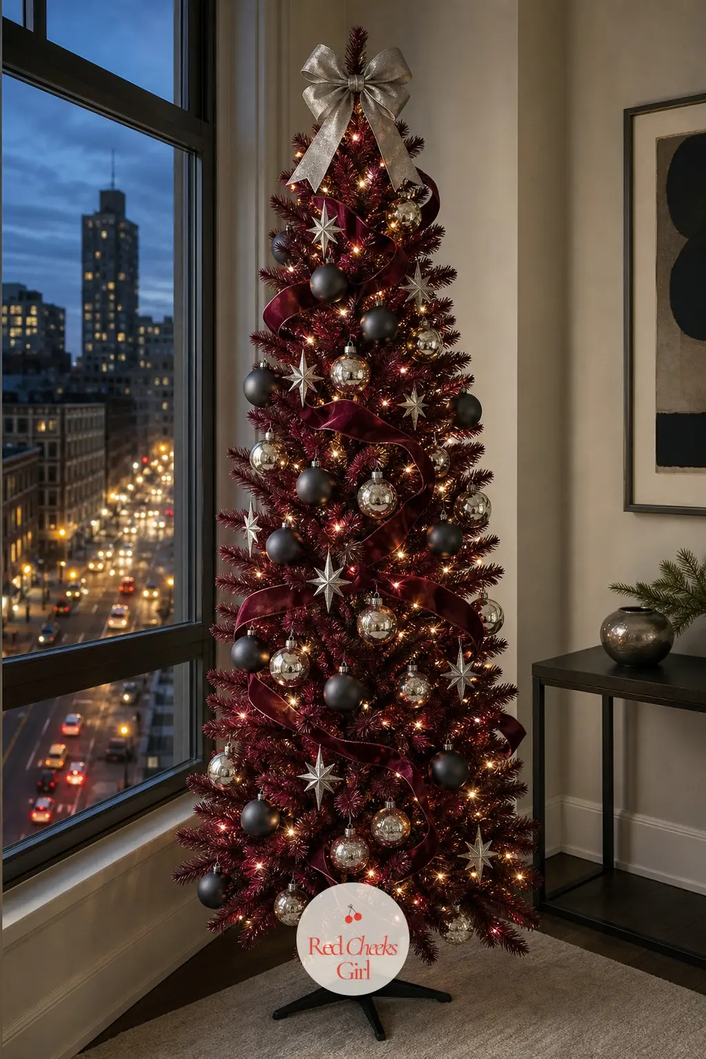A Modern Wine Tree Looking Out Over the Street — Positioned by a window in a city flat, this slim artificial burgundy tree pairs charcoal matte ornaments with