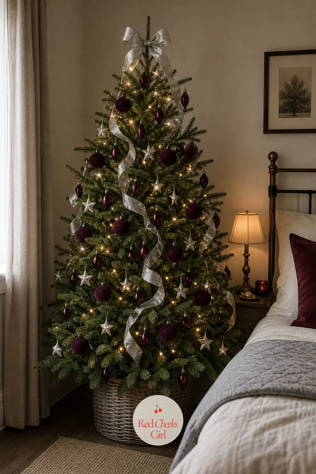 A Moody Plum Tree Beside the Bed — In a bedroom corner just beside the bed, this real small fir mixes burgundy with plum, a darker, more romantic pairing than