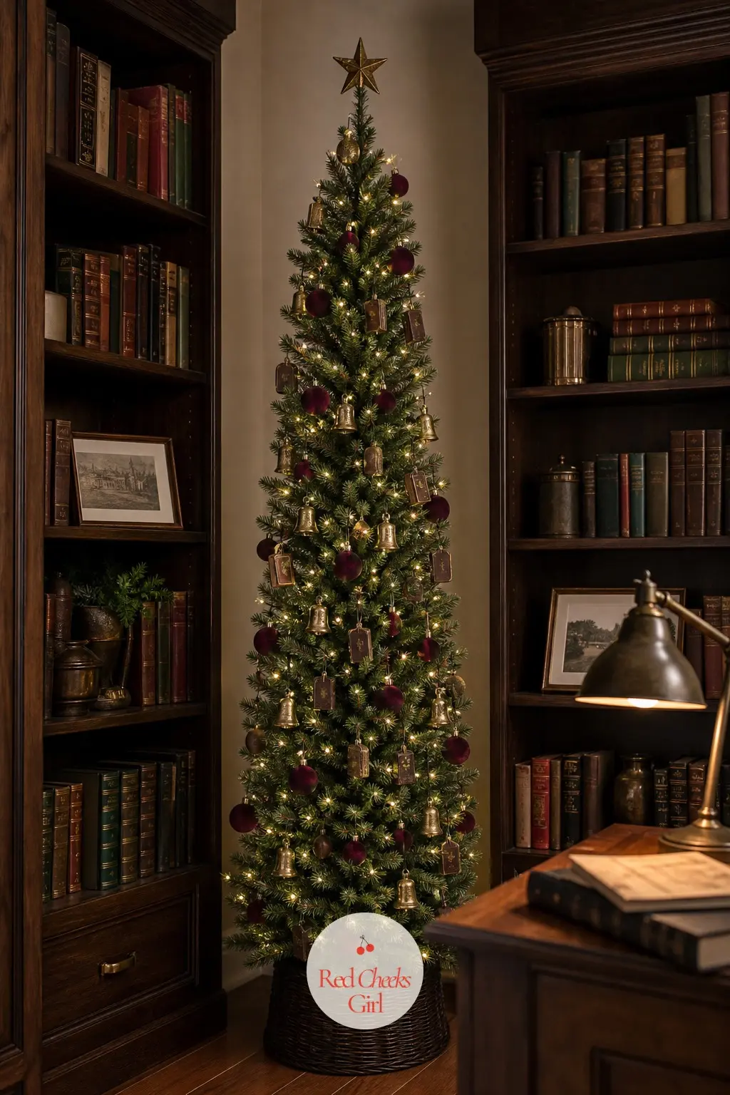 A Pencil Tree Tucked Between the Bookshelves — A real slim pencil fir fits into the gap between built-in shelves in a study lined with books, wearing tiny