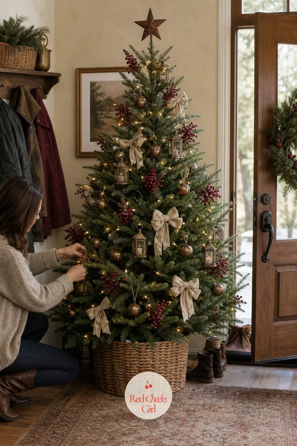 A Potted Wine Tree Greeting Guests at the Door — Just inside the front door, with coats and boots piled nearby, this real potted fir stays practical: bronze