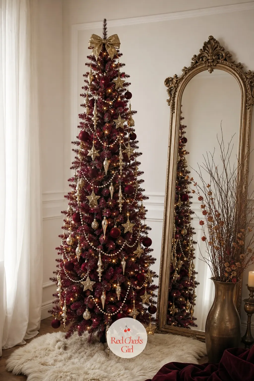 A Slim Burgundy Tree by an Antique Mirror — This slim artificial tree stands in a calm white room with an antique mirror and dried branches in a tall vase