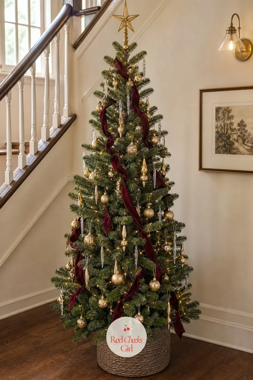 A Slim Wine Tree on the Stair Landing — A narrow real fir fits neatly on a stair landing, seen from below and above at once, so smoke grey glass icicles and
