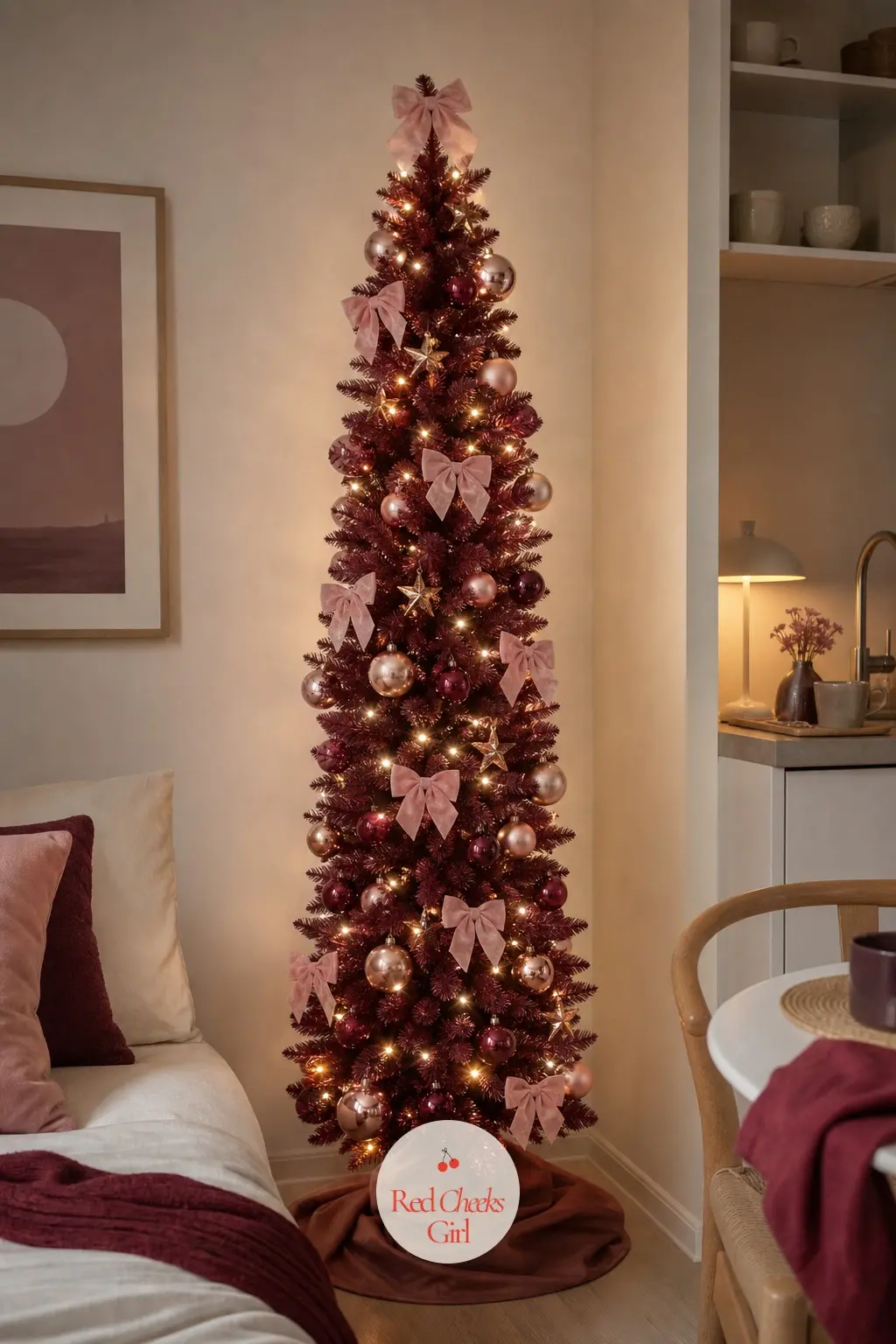 A Slim Wine Tree for a One-Room Flat — One room means one tree has to do everything, so this slim artificial pencil tree stands in a corner wearing rose gold