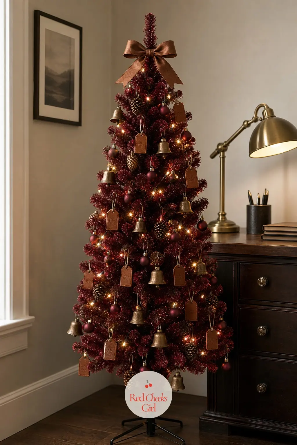 A Small Wine Tree Behind the Desk — Tucked behind a desk in a home office, this small artificial tree keeps to a tidy three feet so it never blocks a video