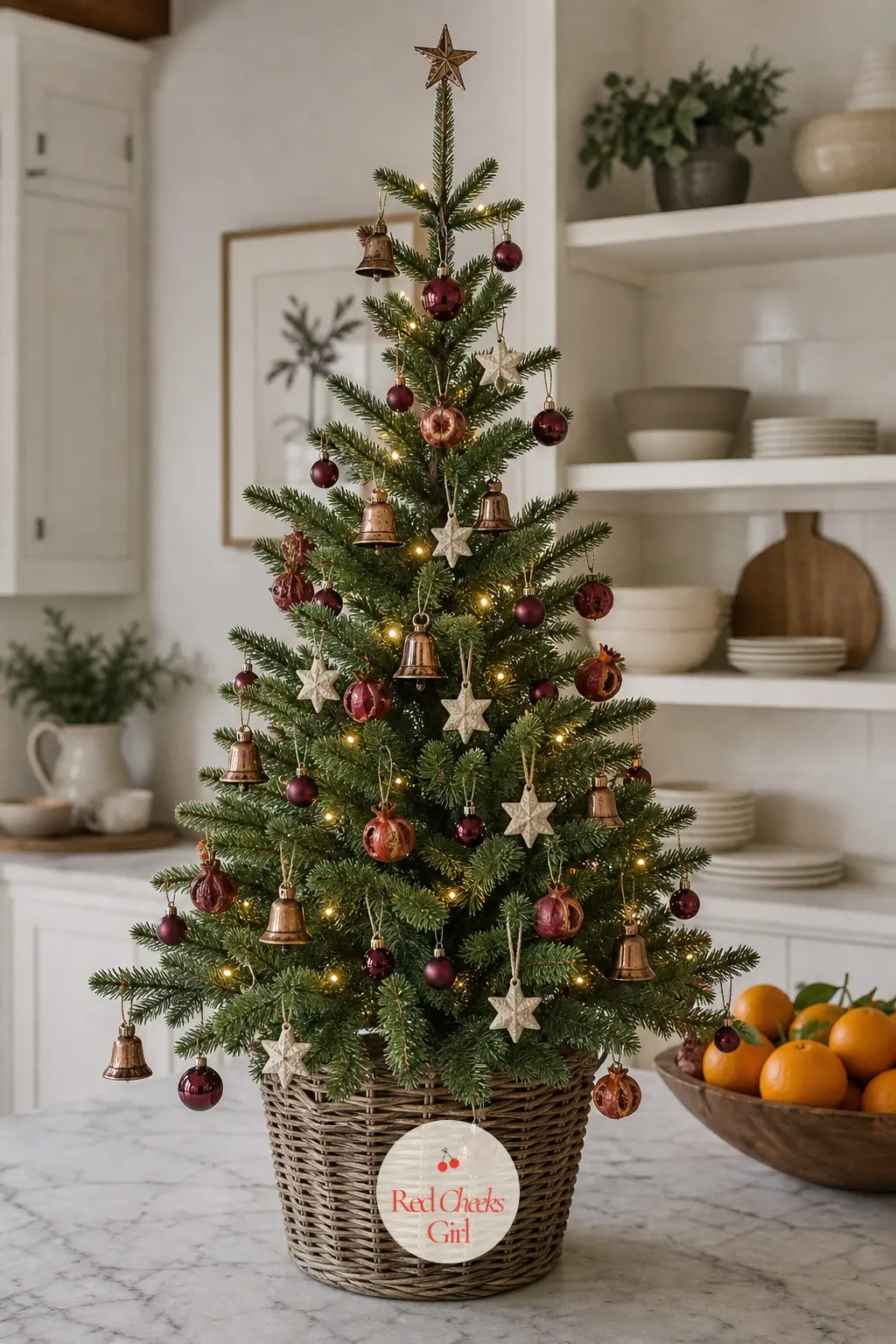 A Small Wine Tree on the Marble Counter — A mini potted fir takes up almost no counter space in a white kitchen with marble and a bowl of citrus nearby