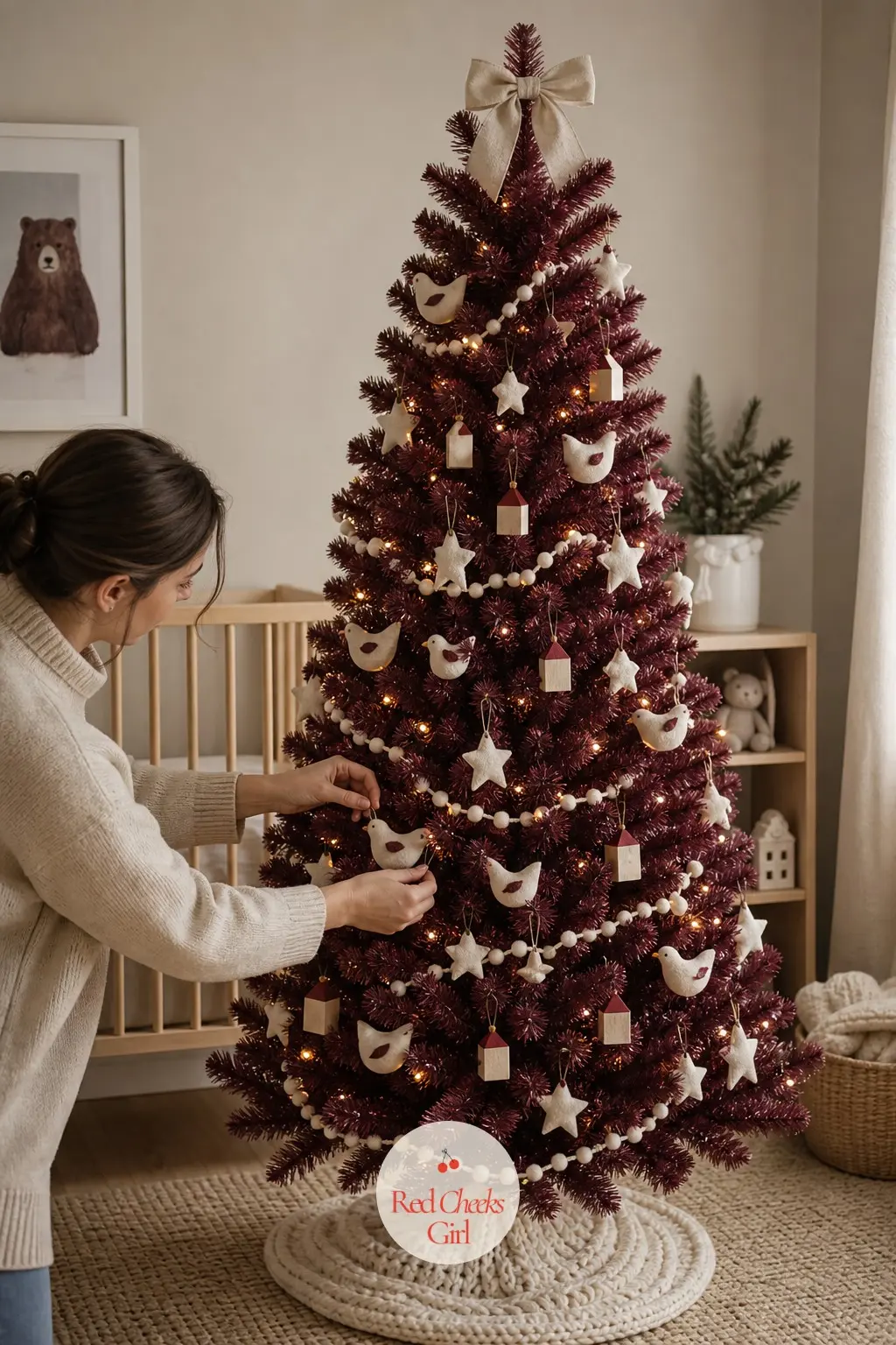 A Soft Burgundy Tree for the Nursery — Built entirely from soft materials, this small artificial tree suits a nursery or child's room without a single