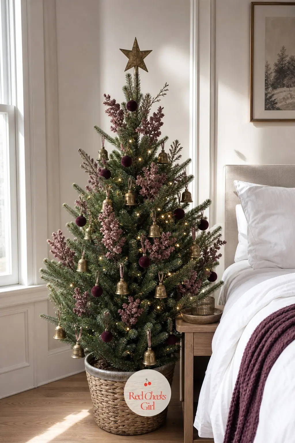 A Tabletop Wine Tree Beside the Bed — A small potted fir sits on a nightstand-height table in a white bedroom with bare windows and morning light, dressed in