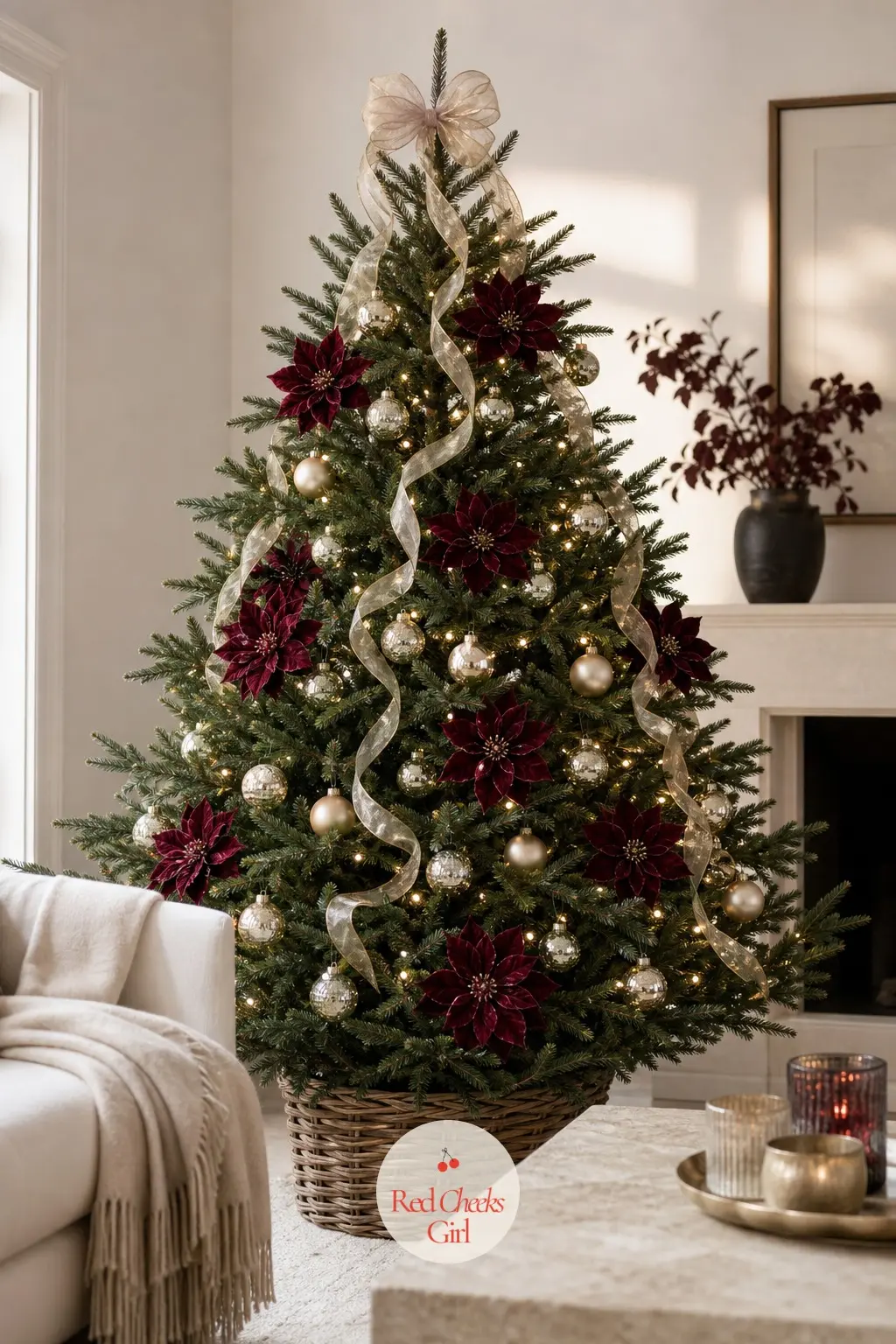 A Tall Fir in Burgundy and Champagne — A full real fir anchors a serene white sitting room with a low travertine table and a cashmere throw nearby, dressed in
