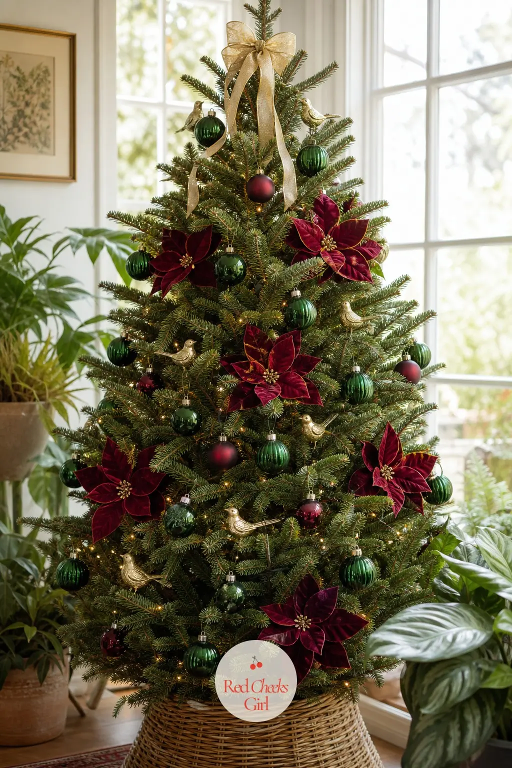 A Tall Fir in Burgundy and Emerald Among the Plants — Surrounded by houseplants in a sunroom full of big windows, this real tall fir leans into the one