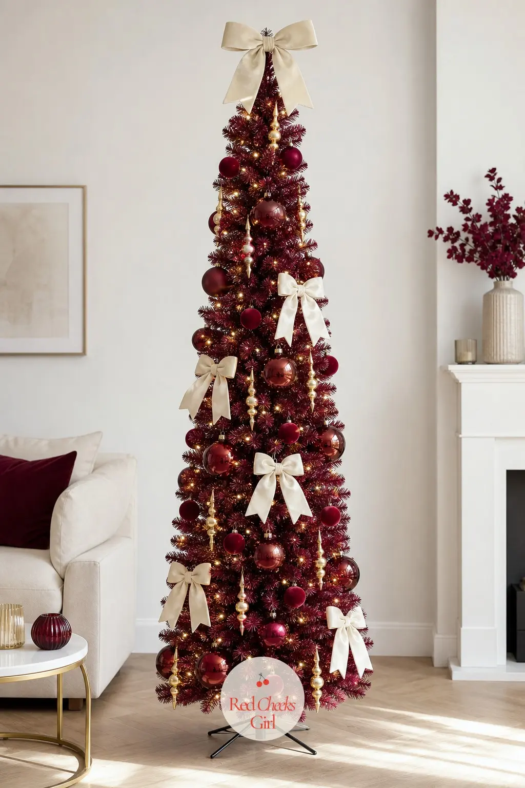 The Wine-Dark Pencil Tree in an All-White Living Room — A slim artificial tree in solid burgundy stands floor to ceiling against pale oak and a low white sofa