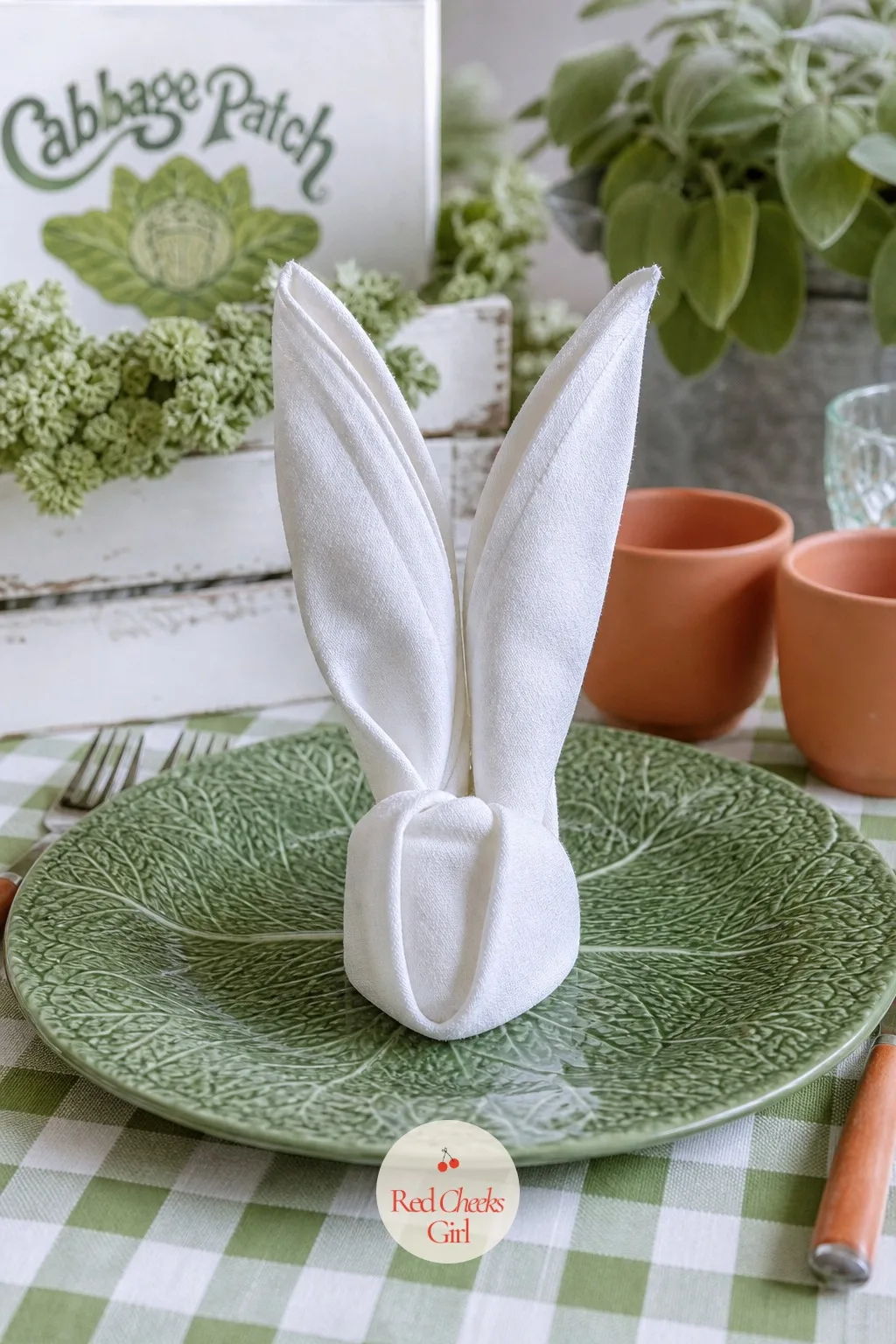 Bunny Ear Napkin Fold At Each Seat — No extra object to buy here at all, just a fold. Cabbage patch baby shower theme