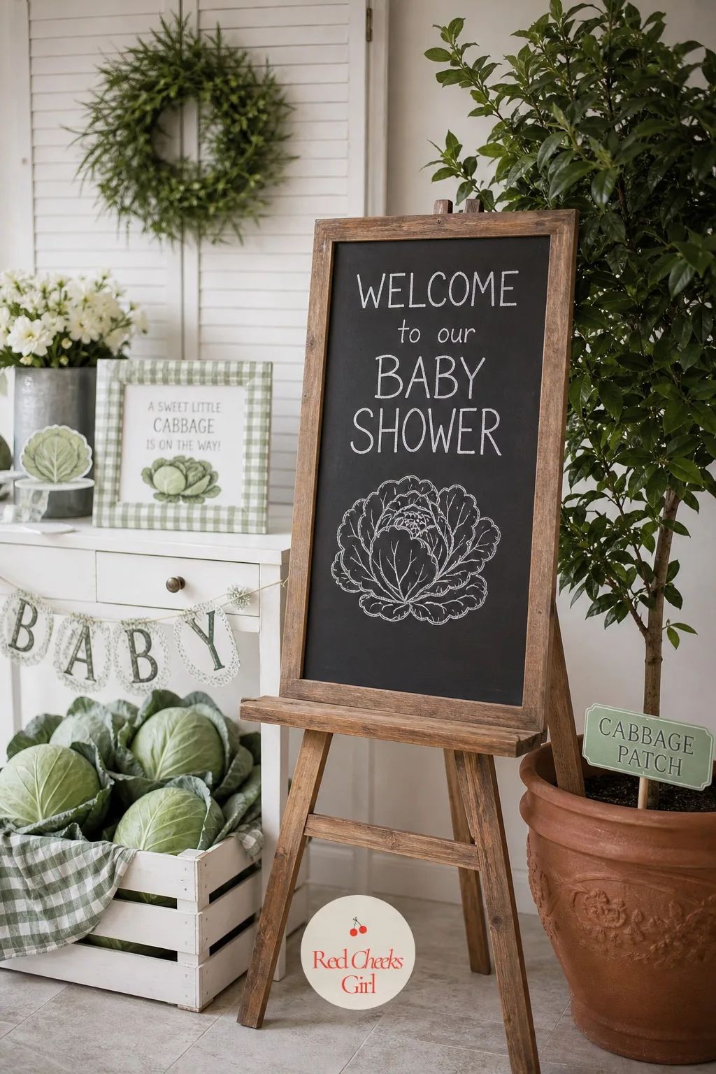 Chalkboard Easel Welcome Sign With Cabbage Sketch — Renting a venue that will not allow anything screwed or taped to a wall rules out most signage, but not a