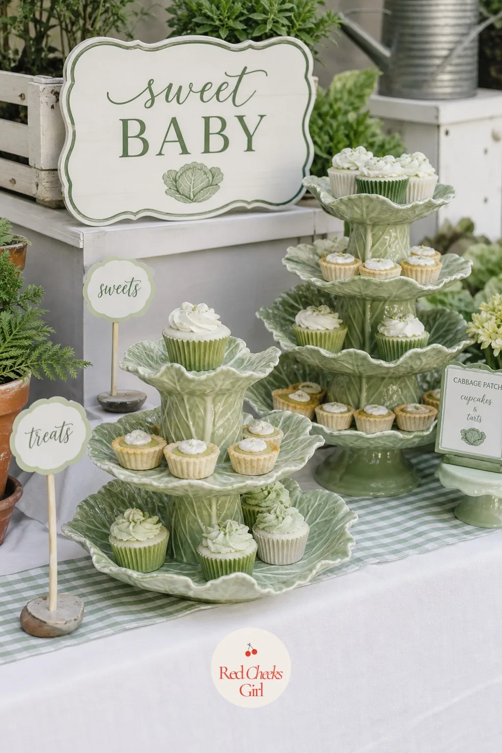 Dessert Table Styled On Cabbage Leaf Cake Stands — Plain white cake stands do the job, but they do not tell the story. Cabbage patch baby shower theme