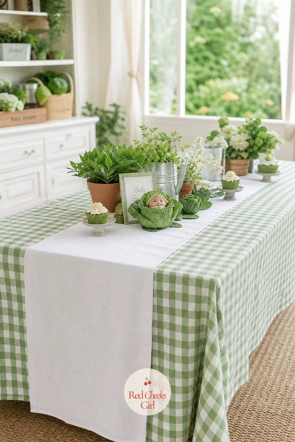 Green Gingham Tablecloth With White Runner — White alone on a long table can look a little clinical, and that is not the mood a garden fairy tale wants.