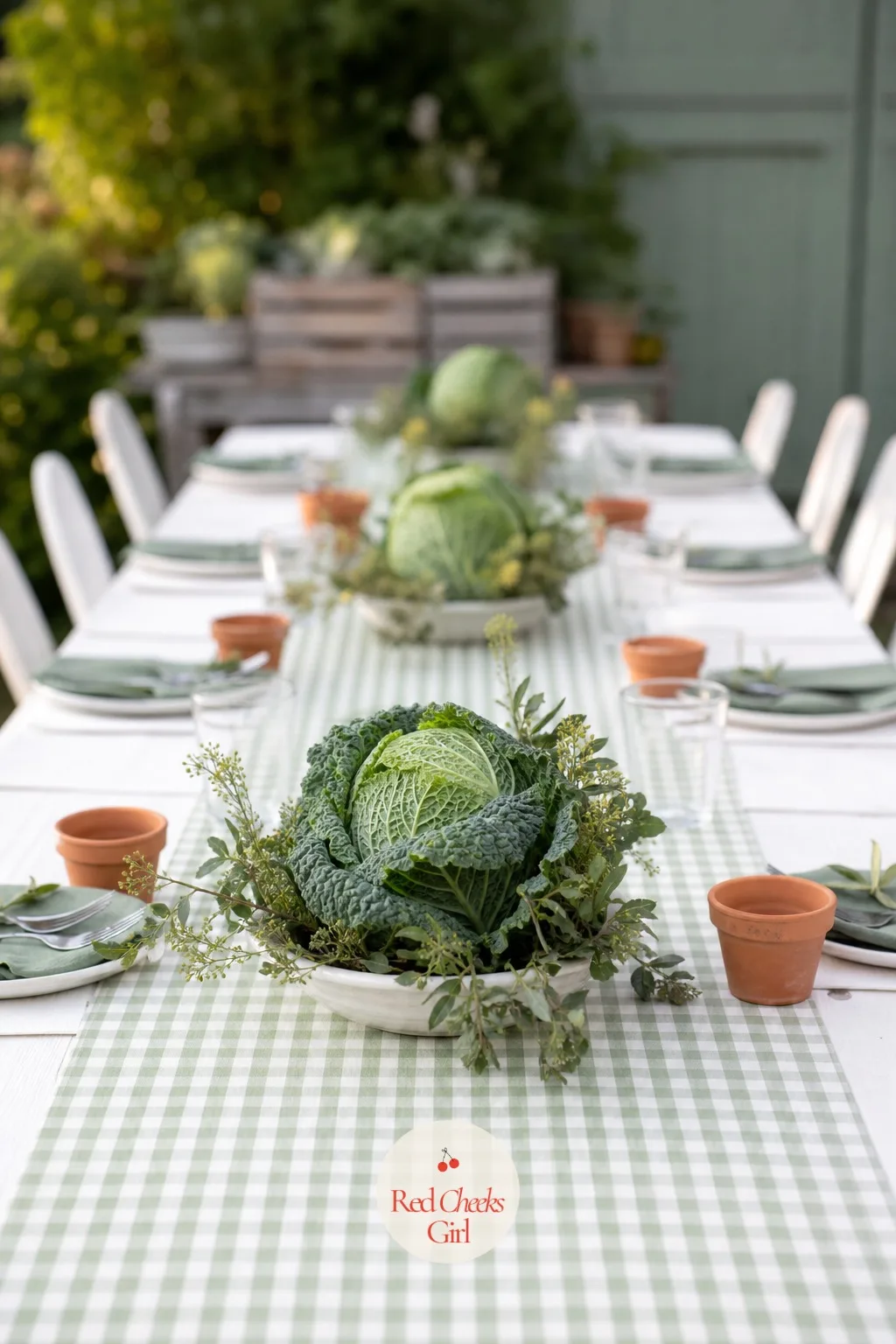 Low Cabbage Bowl Centerpiece For A Long Table — One big arrangement works for a round table of eight, but a long trestle table needs something repeated down