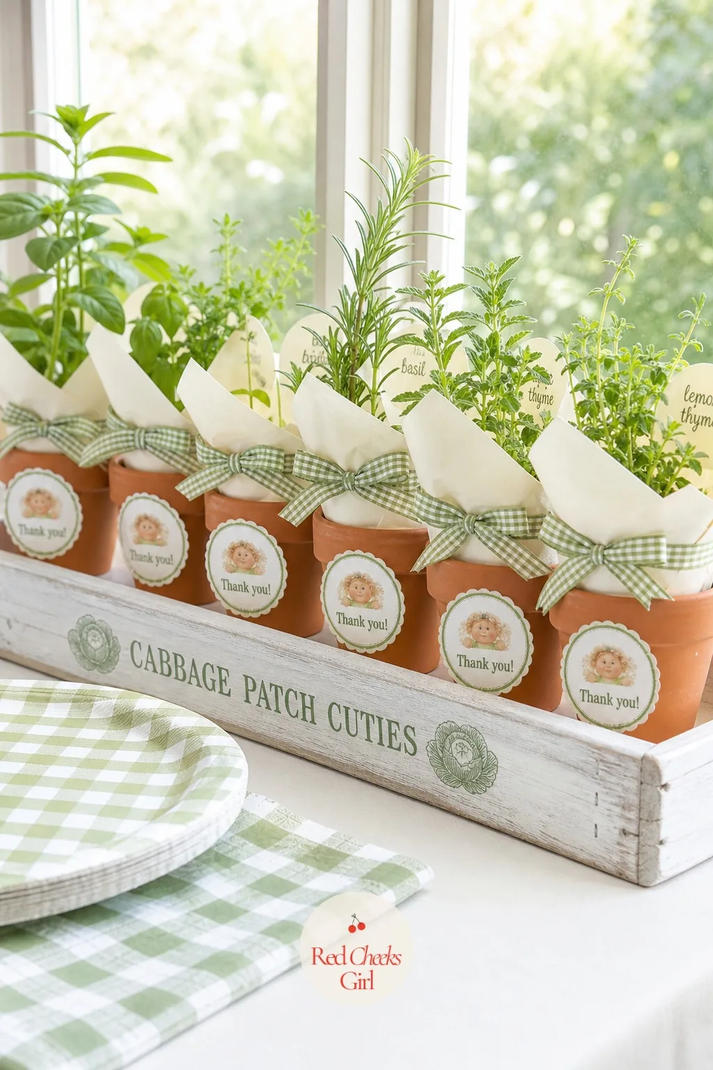 Mini Terracotta Pot Favor Planted With A Herb Start — A seed packet asks a guest to do the planting herself later, and some guests never will. Cabbage patch