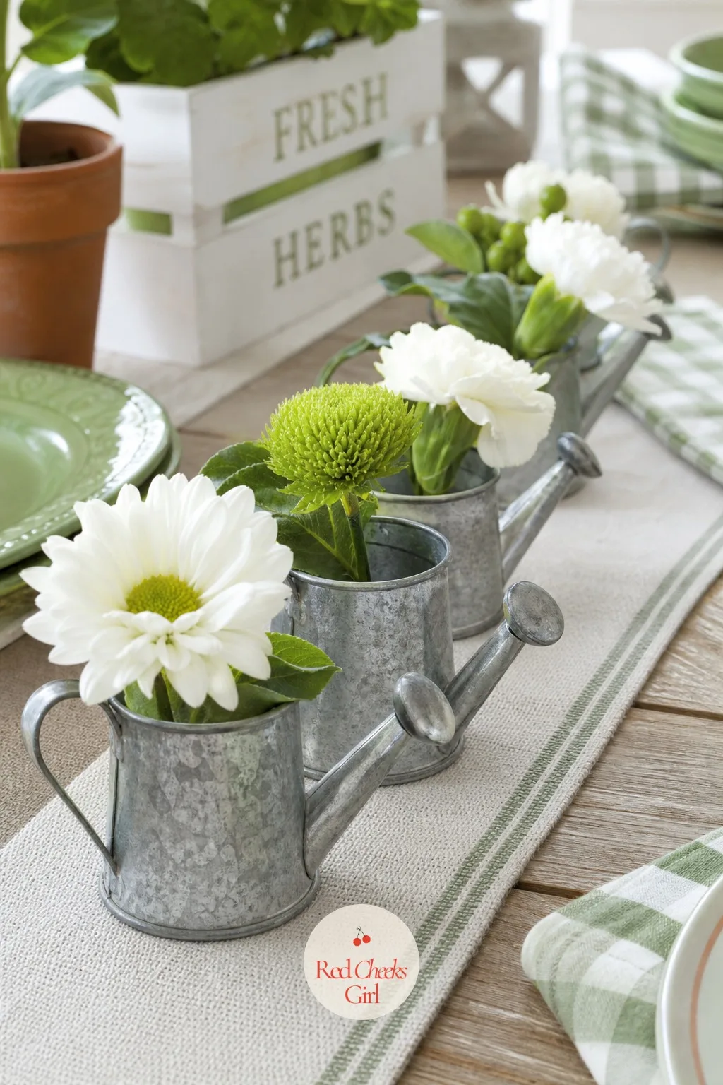 Mini Watering Cans As Place Setting Bud Vases — Scale the same idea right down and every seat gets its own small garden moment instead of sharing one big