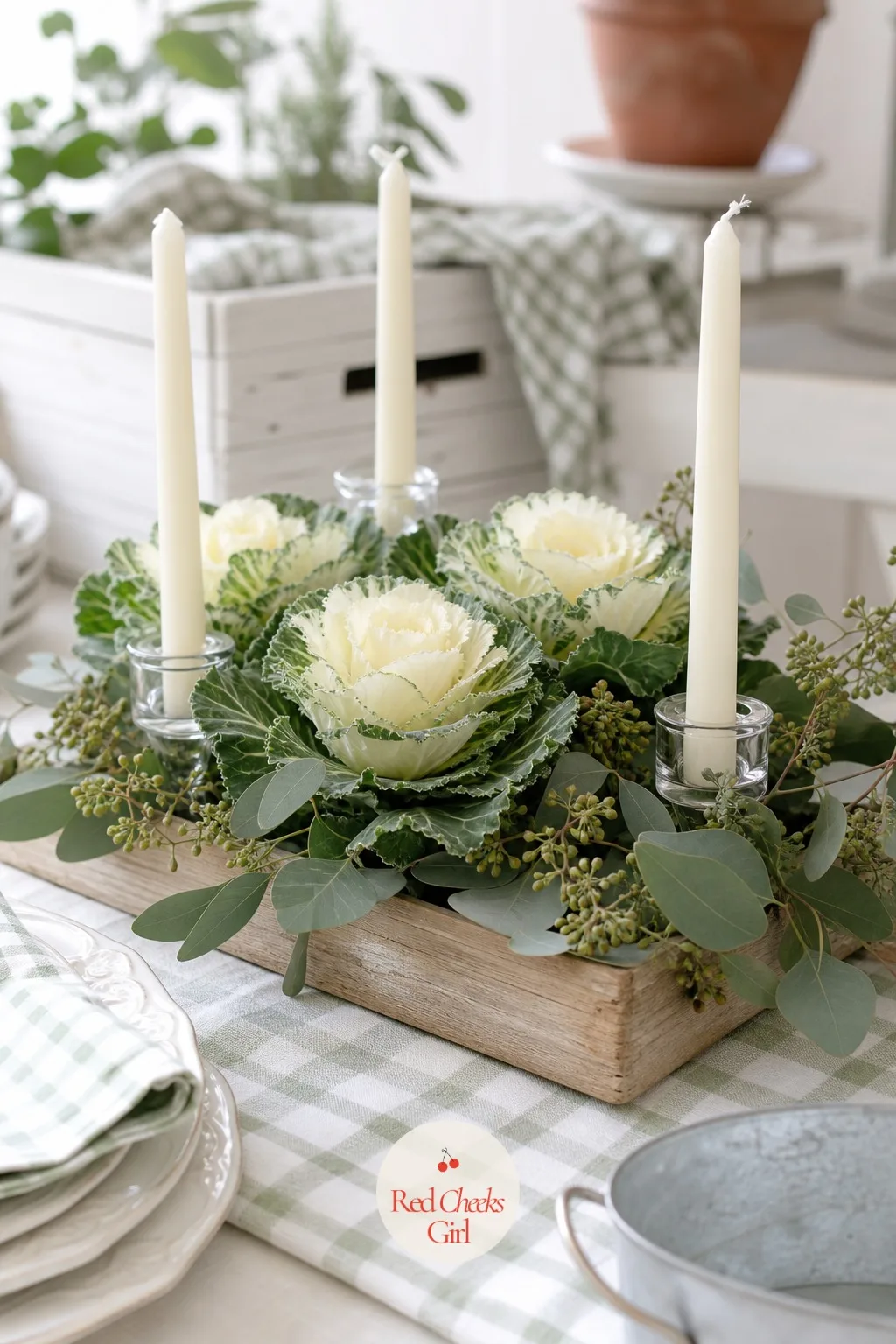 Ornamental Cabbage And Candle Centerpiece — A bare table in the middle looks unfinished no matter how pretty the linens are. Cabbage patch baby shower theme