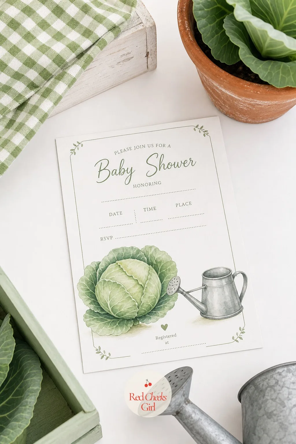 Postcard Invitation With A Cabbage And Watering Can Illustration — A postcard skips the envelope step entirely and still arrives looking finished, which