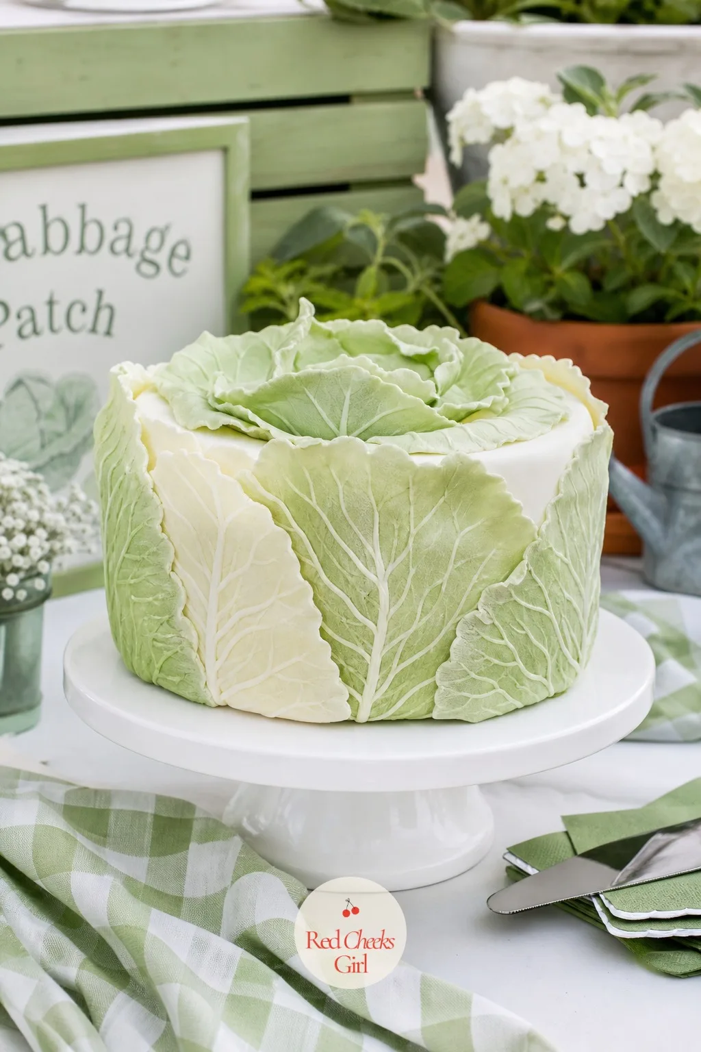Round Cake Covered In Sugar Cabbage Leaves — This is the piece that gets the gasp, and it earns it. Cabbage patch baby shower theme
