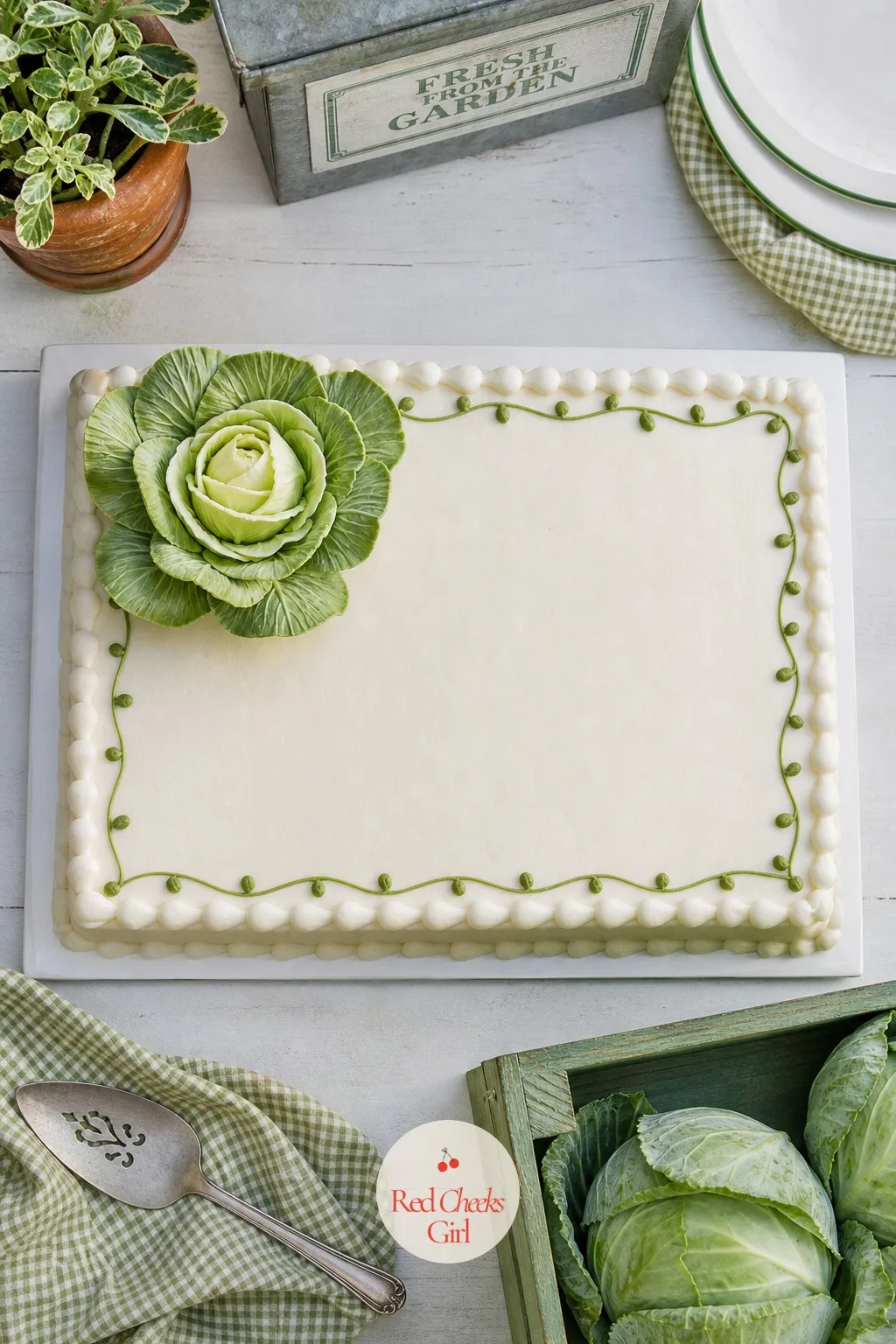 Sheet Cake With A Single Sugar Cabbage Rosette — A full sculpted cabbage cake is not always worth the time or the budget, and a simple sheet cake does the