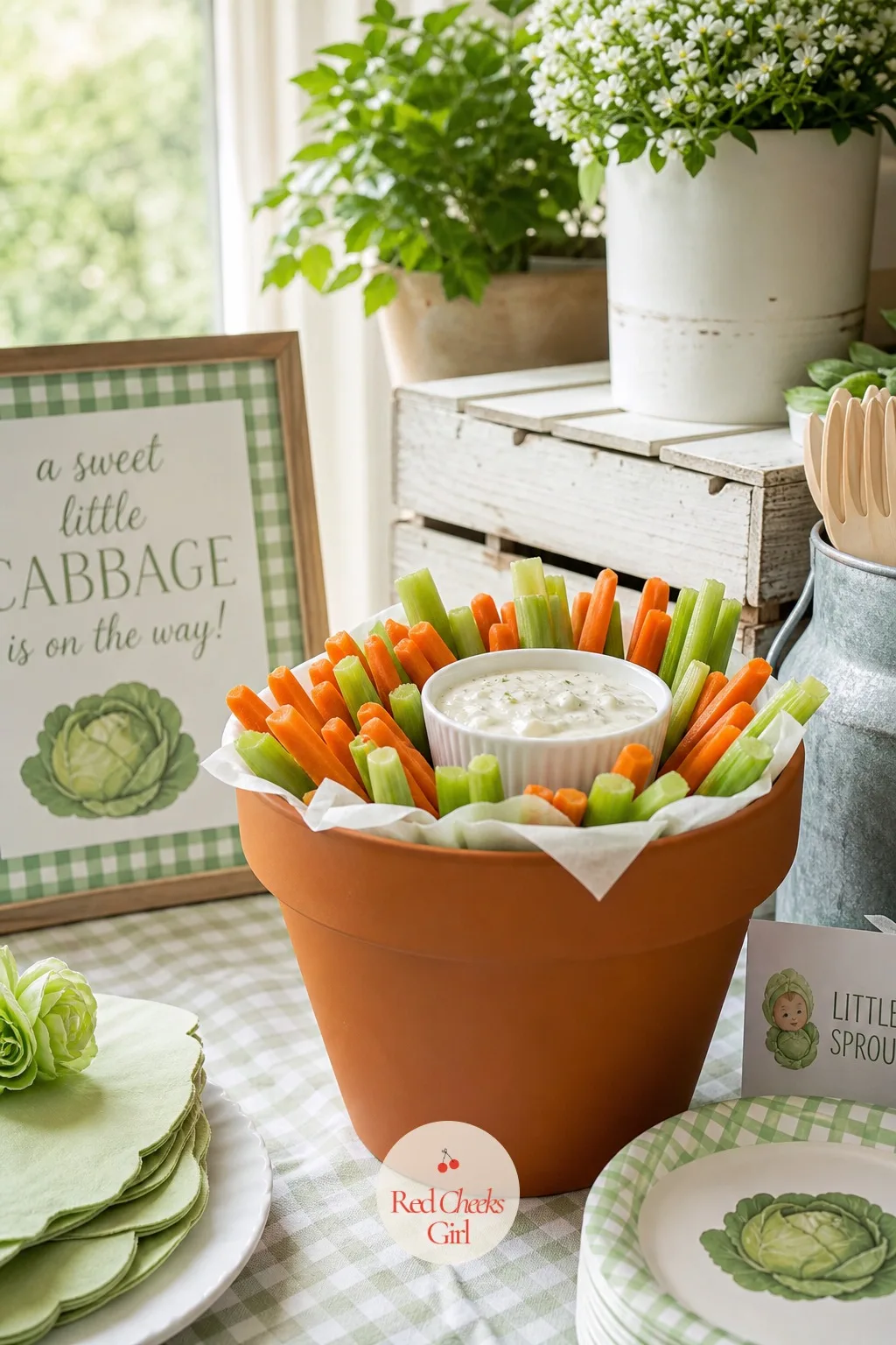 Terracotta Pot Crudites With Ranch In The Center — A veggie tray is forgettable. Cabbage patch baby shower theme