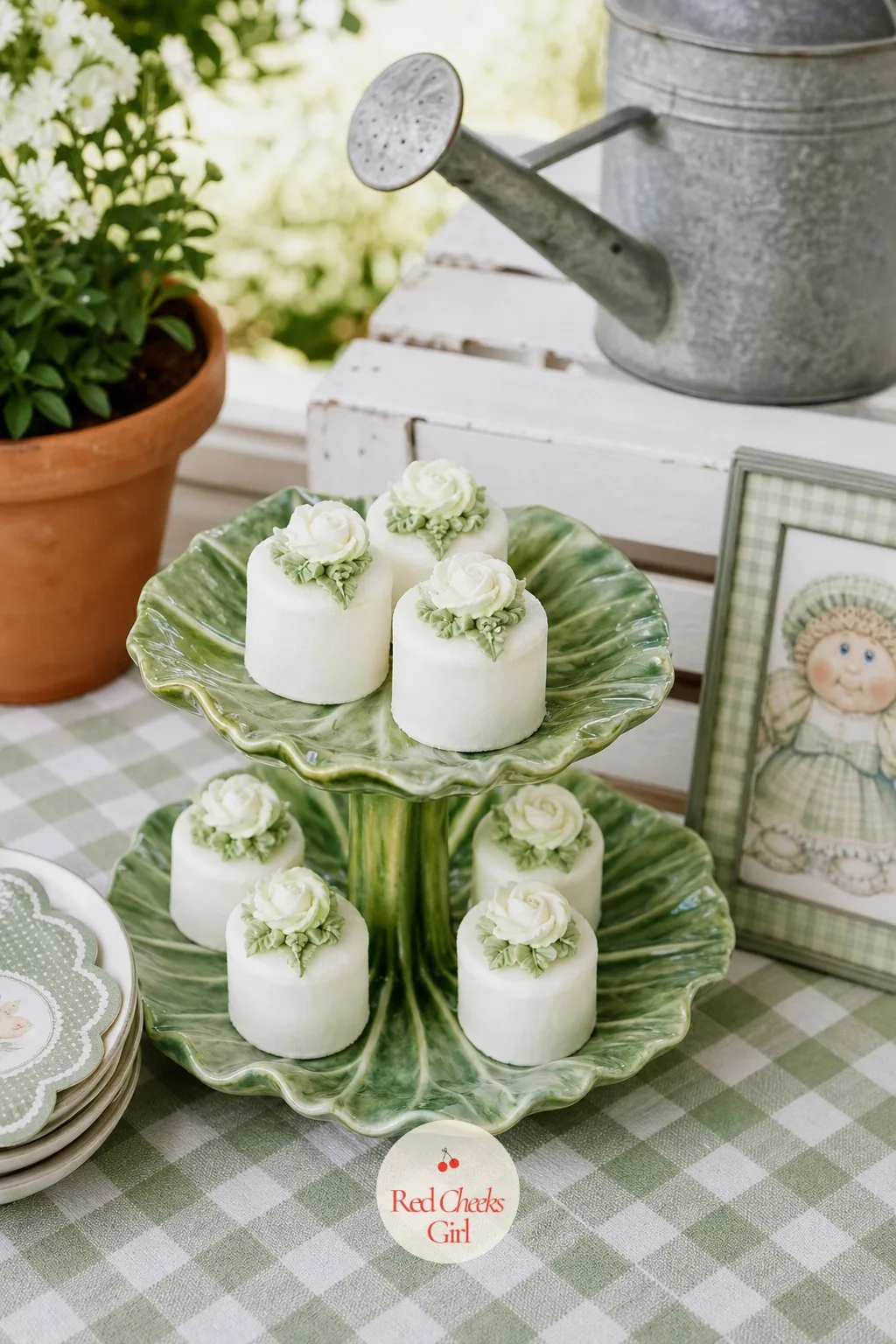 Tiered Cabbage Leaf Stand For A Tiny Dessert Spread — A shower for a dozen close friends does not need a six foot table of sweets, and a single small two-tier