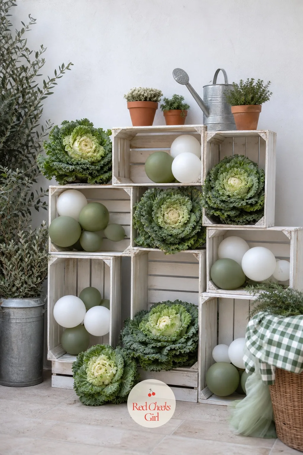 Wooden Crate Wall With Ornamental Cabbages And Balloons — A blank wall behind the gift table always feels like an apology. Cabbage patch baby shower theme