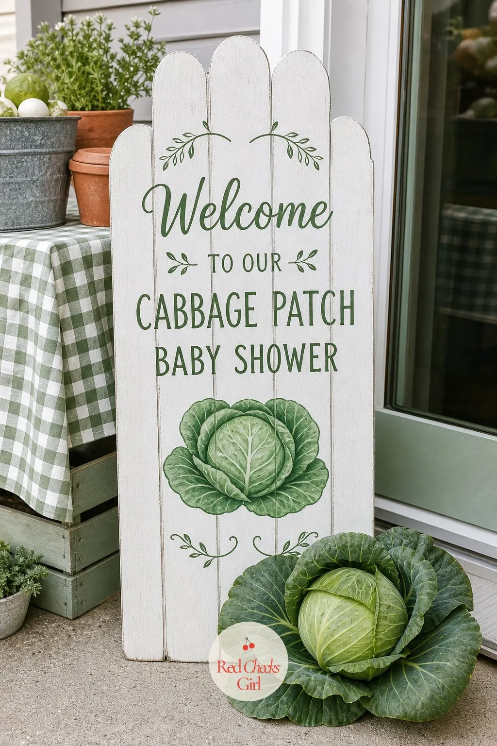 Wooden Welcome Sign Painted Like A Garden Gate — A sign at the entrance tells a guest she is in the right place before she ever sees the backdrop behind it.