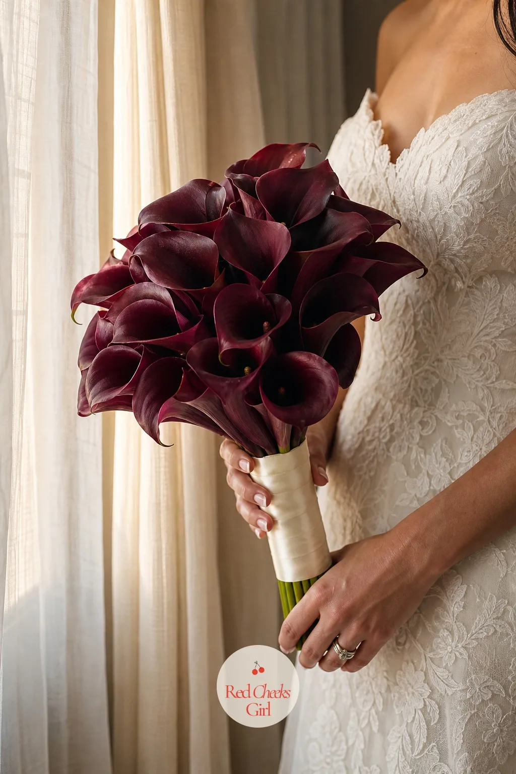 Burgundy Calla Bouquet for the Bride — Deep burgundy calla lilies, held in a tight hand tied bouquet, follow the curve of the arm, their stems wrapped in wide