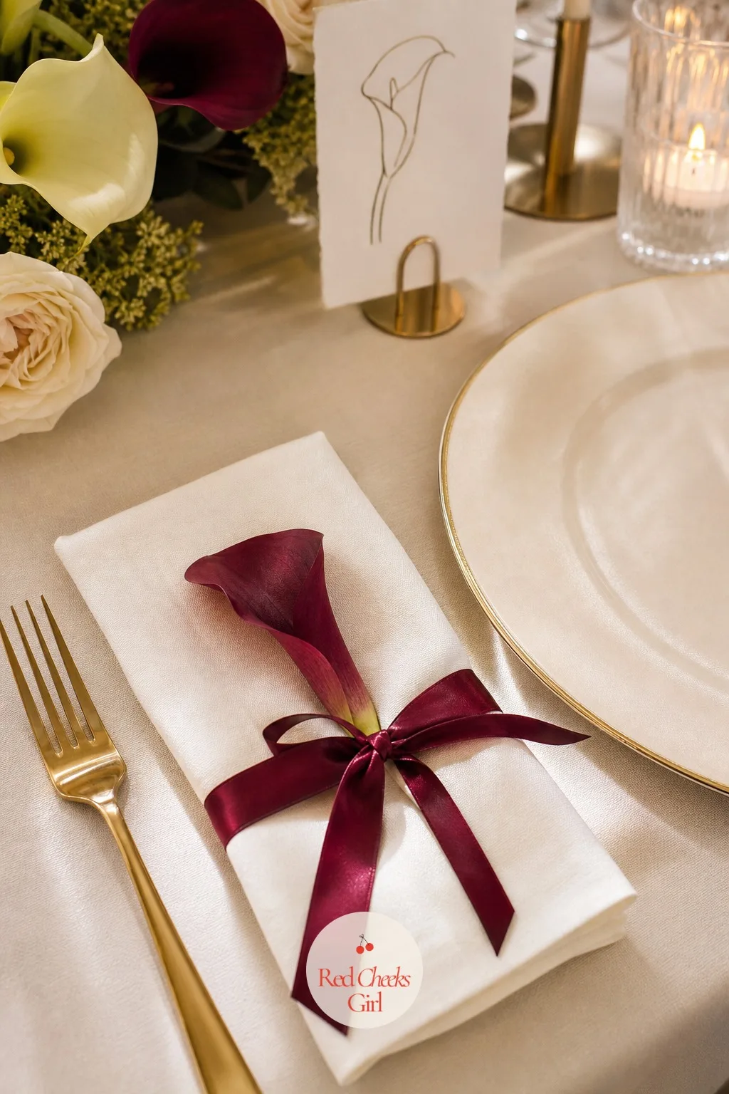 A Burgundy Ribbon Napkin Fold With a Single Calla Petal — The napkin folds into a simple rectangle, tied with a narrow burgundy satin ribbon, with one loose